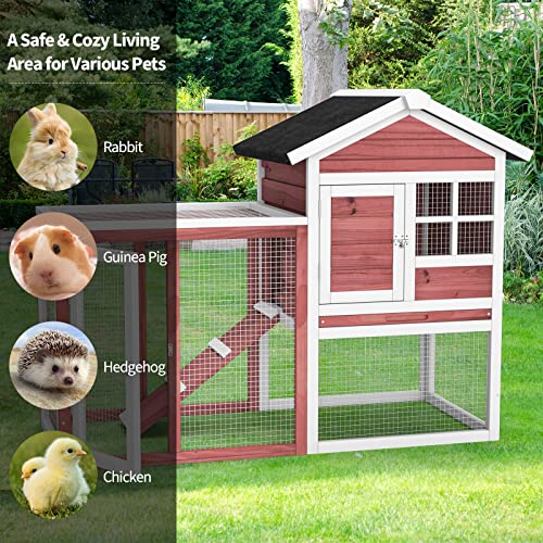 Tangkula Wood Rabbit Hutch, Outdoor Indoor Bunny Cage With Run, Removable Tray, Ramp, Ventilate Door, Waterproof Roof Chicken Coop Pet House For Chicken Rabbit Guinea Pig, 48.5 X 25 X 37 Inch, Red #TOP6