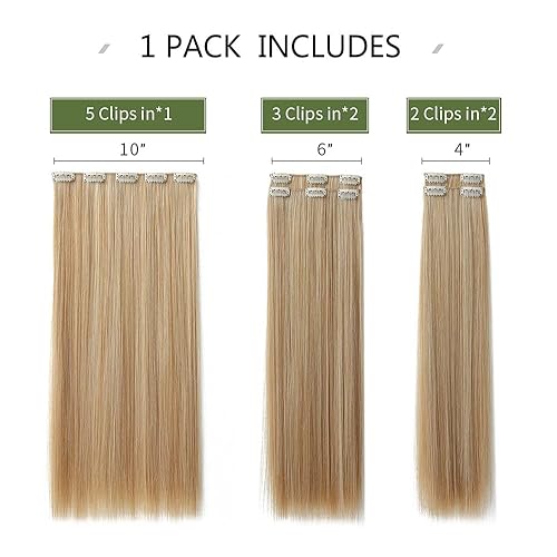 Miniatura 3 de HSPJHTM Extensiones de cabello con pinzas, extensiones de cabello sintético largo y liso con pinzas, mezcla de color castaño y rubio decolorado,