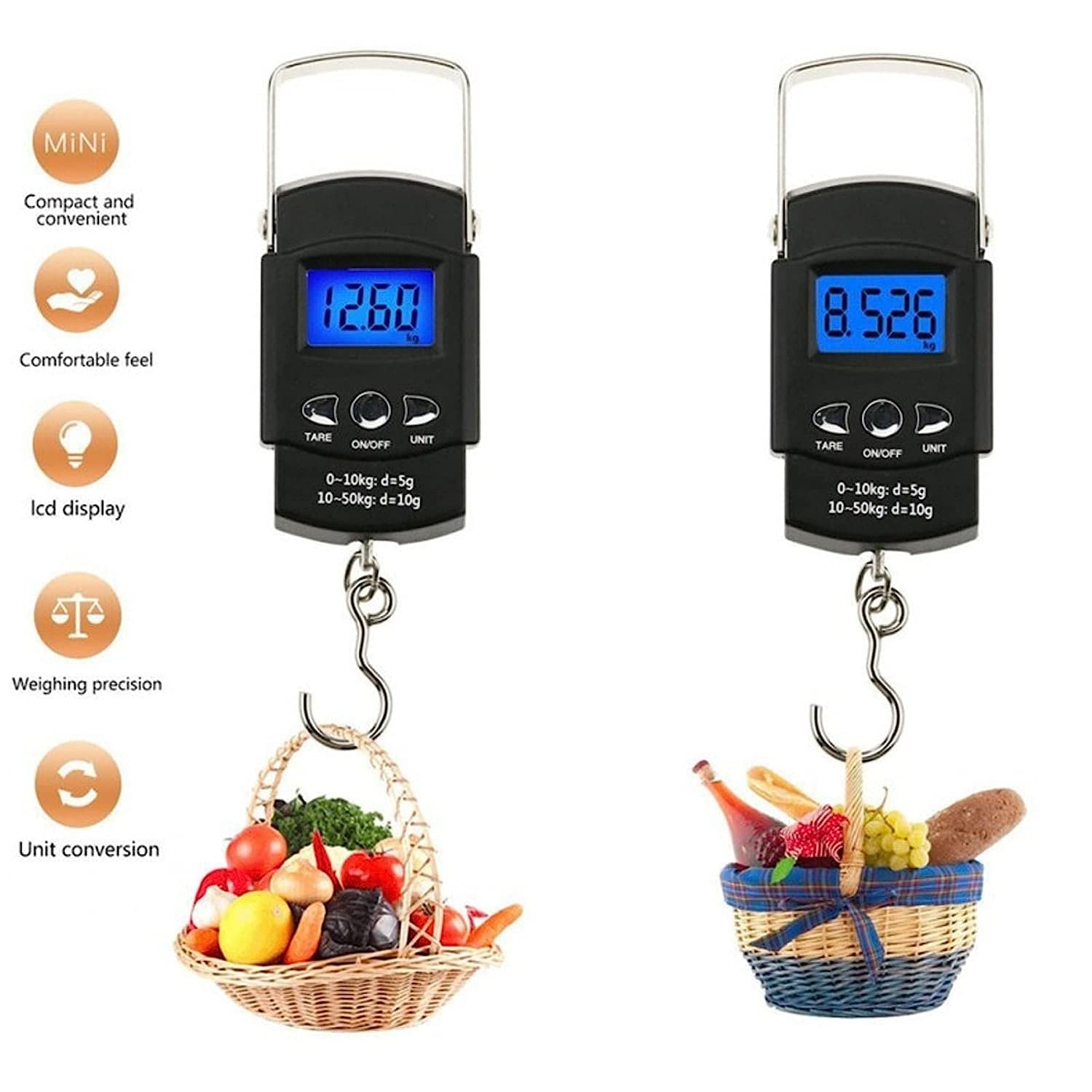 Electronic Hook Scale, 50kg LCD Digital Hanging Fishing Scale, with 1meter Concealed Measure, for Luggage Weighing, Shopping, Fishing, Measurement Unit Ruler