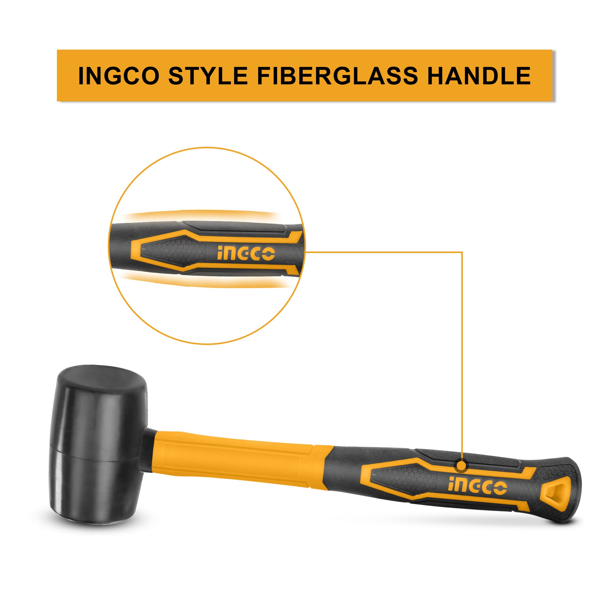 Ingco Rubber Hammer 220g, Unique Design Fiberglass Handle, Professional Rubber Hammer for Flooring, Woodworking
