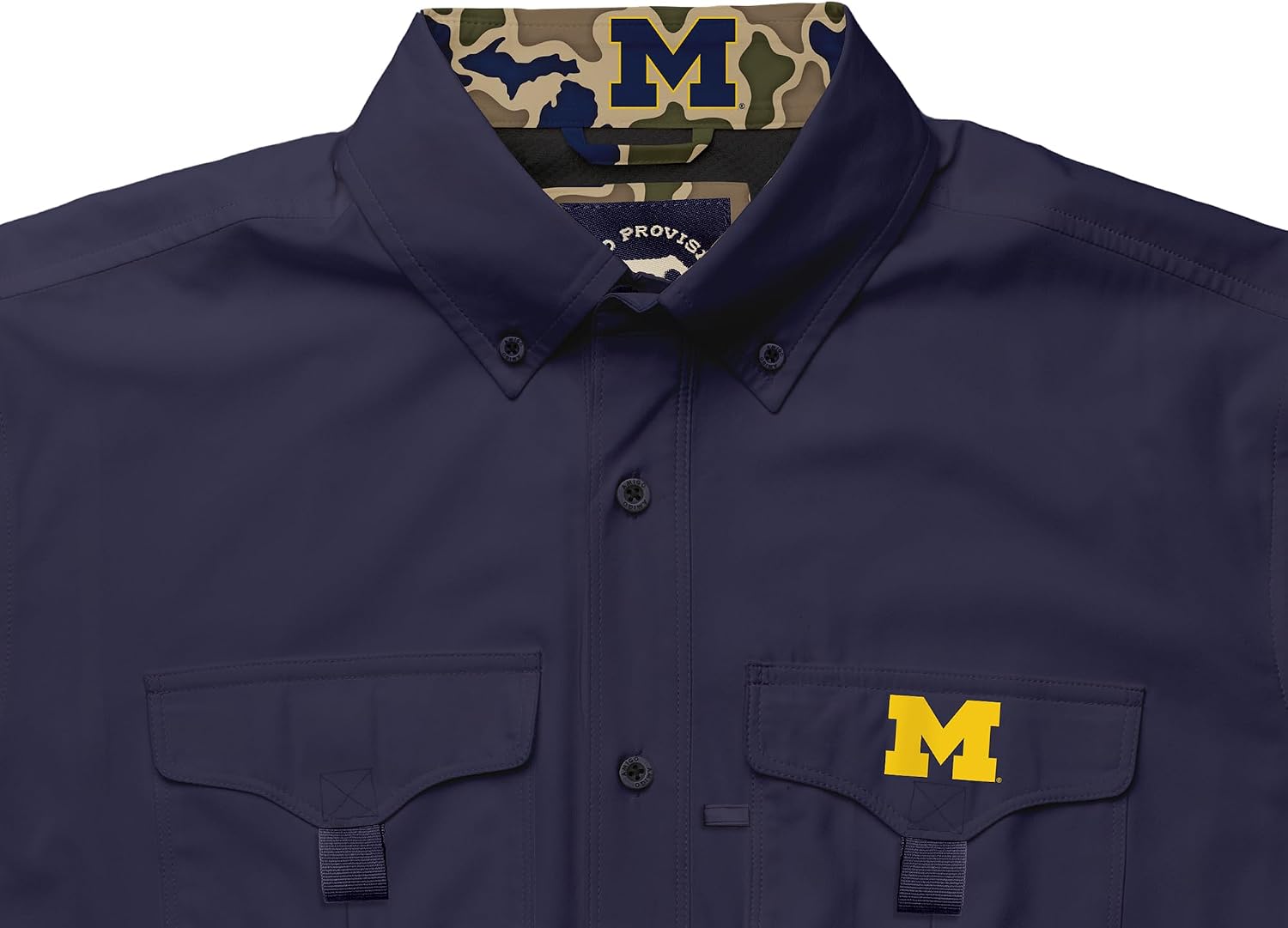 Amigo NCAA Mens Michigan Wolverines Licensed Solid El Campo Short Sleeve Button Up Field and Fish Shirt