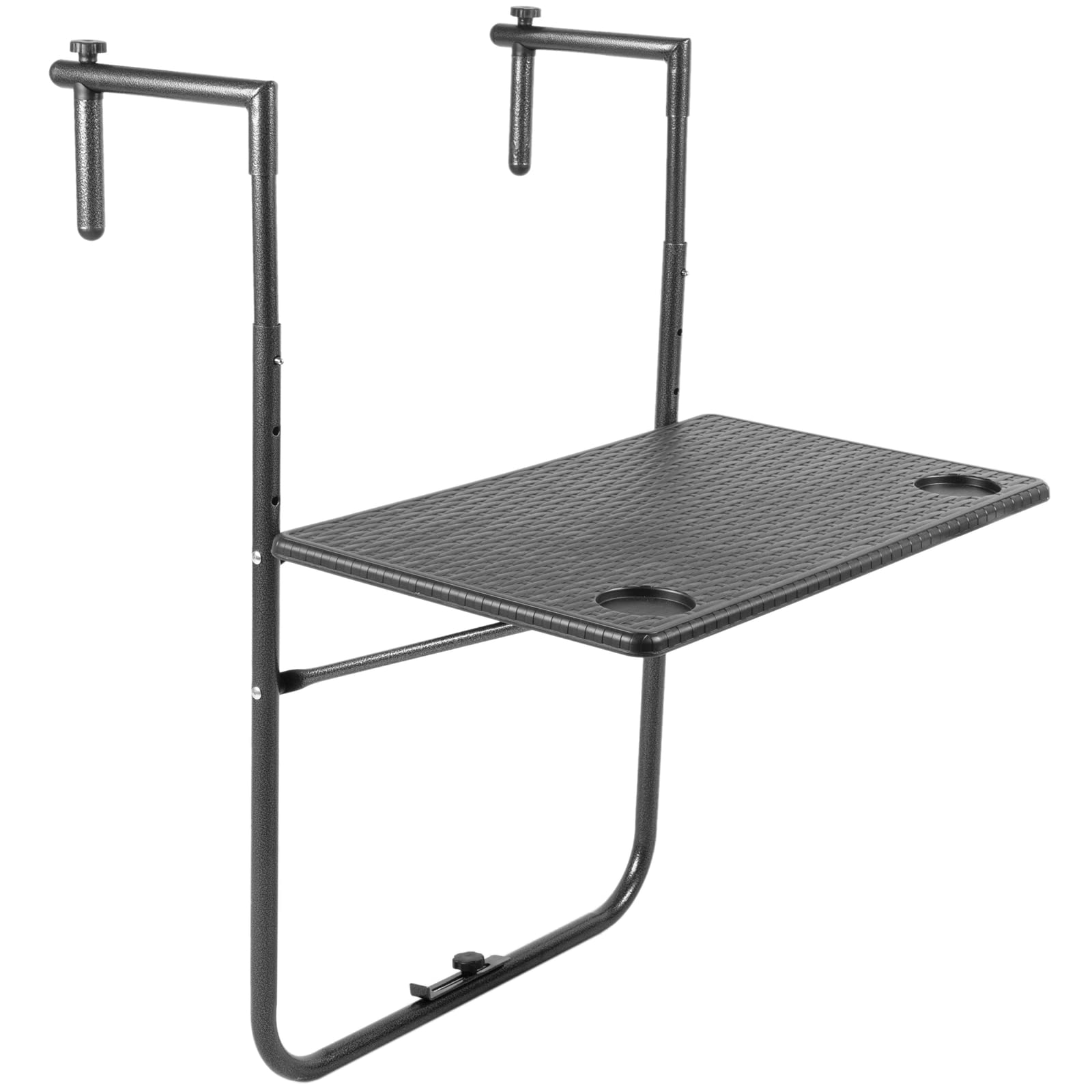 PrimeMatik - Mesa Rectangular Ajustable para balcón 60x36cm Negra imitación Trenzado de Madera