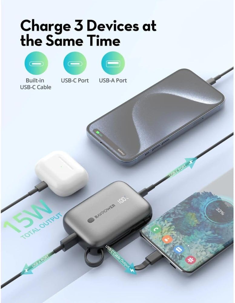 RAVPower RP-PB1224 Power Bank charging an iPhone, AirPods, and a Samsung phone simultaneously using its built-in USB-C cable, USB-C port, and USB-A port.