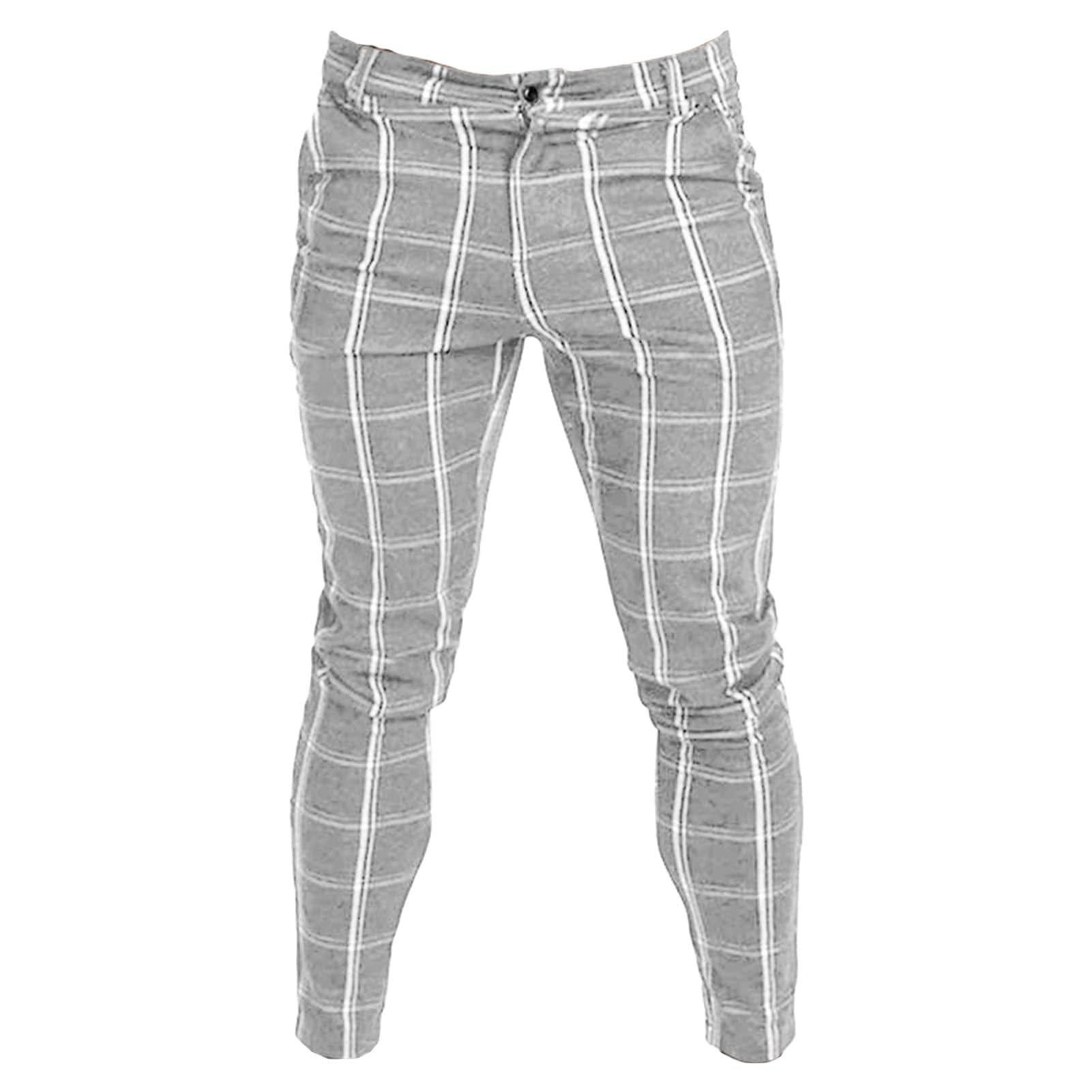 Mens Stripe Printed Dress Pants Plaid Flat Front Tapered Long Pants Checked Stretch Skinny Business Trousers