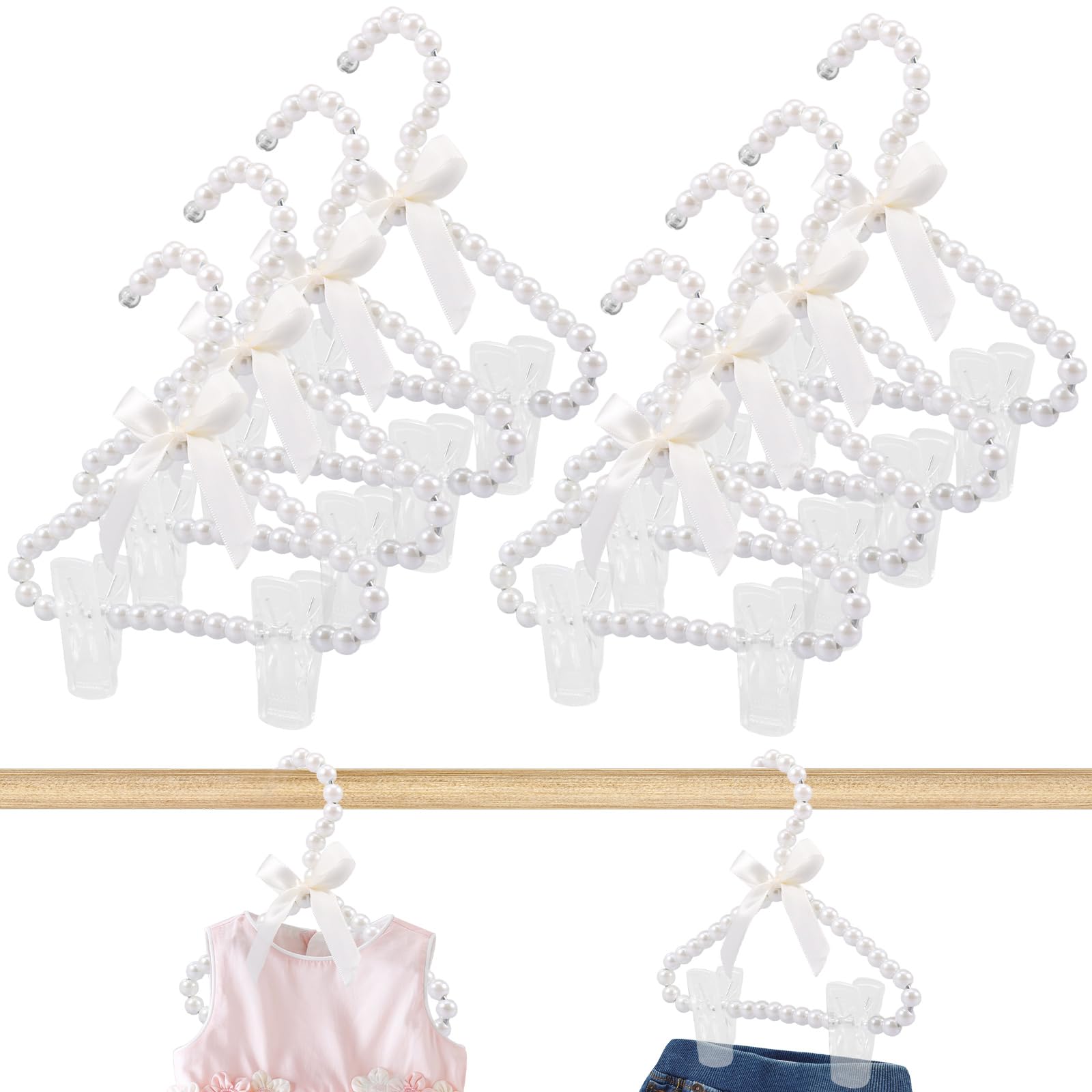 Zejexxb White 8Pcs Plastic Pearl Hanger Kids Non Slip Elegant Garment Clothes Hangers With Ribbon Bowknot & Clip Faux Pearl Beaded Clothes Hangers Closet Coat Storage Organizer For Kids Children Pet(White)