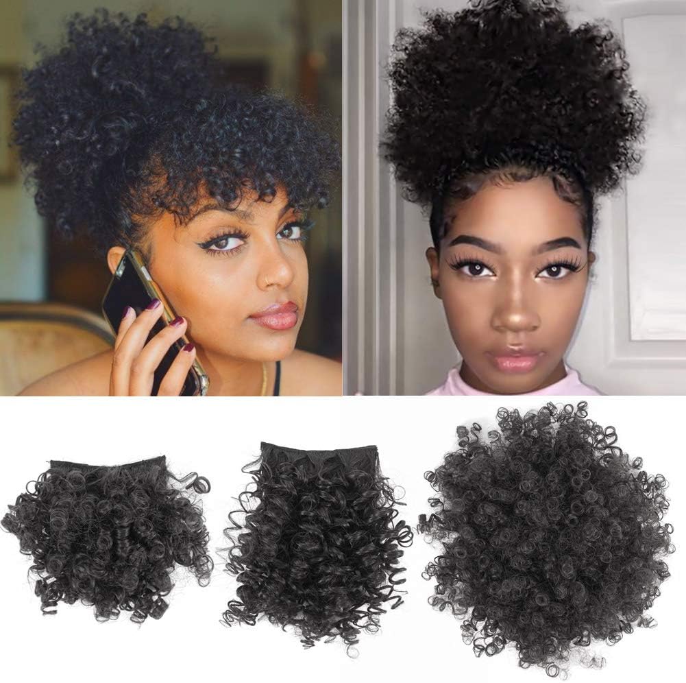 Afro Puff Drawstring Ponytail with Bangs Pineapple Updo Hair for Black Women,Short Kinky Curly Ponytail Bun with 2 Replaceable Bangs(#1B-Black)