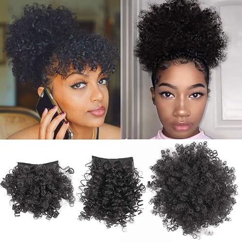 Cola de caballo afro con cordón y flequillo, pelo updo de piña para mujeres negras, moño corto rizado con 2 flequillos reemplazables (#1B-negro)