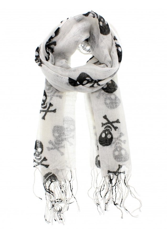 Zac's Alter Ego Long Lightweight White Scarf with Black Skull & Crossbones