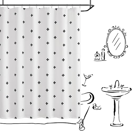 jinchan Cortina de ducha negra sobre blanco, cortina de ducha geométrica con patrón de cruz, decoración contemporánea, cortina de ducha moderna para