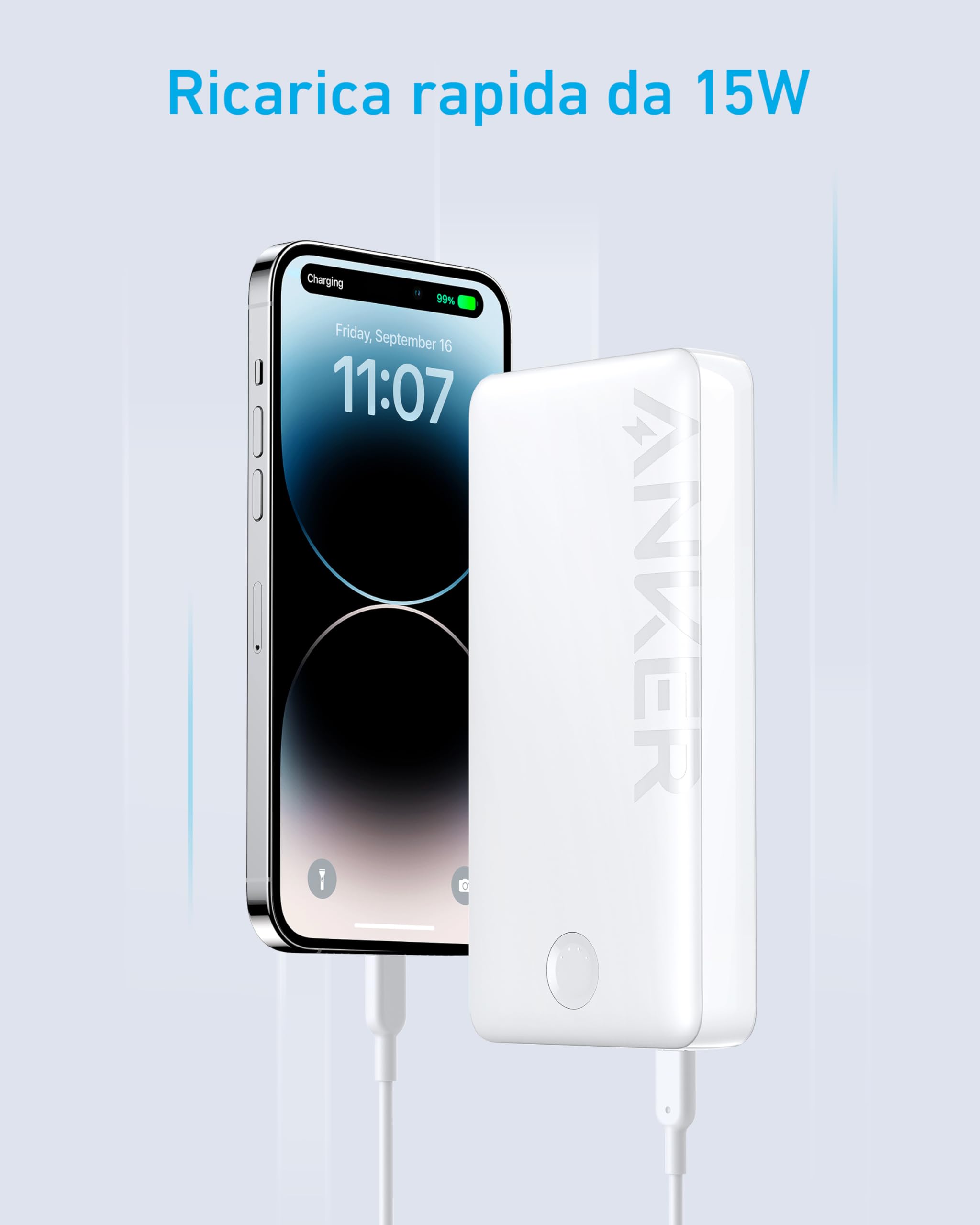 Anker Powerbank, 325 power bank (PowerCore 20K II), batteria da 20.000 mAh con porta USB-C (input & output), potenza massima di 15 W per iPhone, Samsung e altro ancora(Bianco)