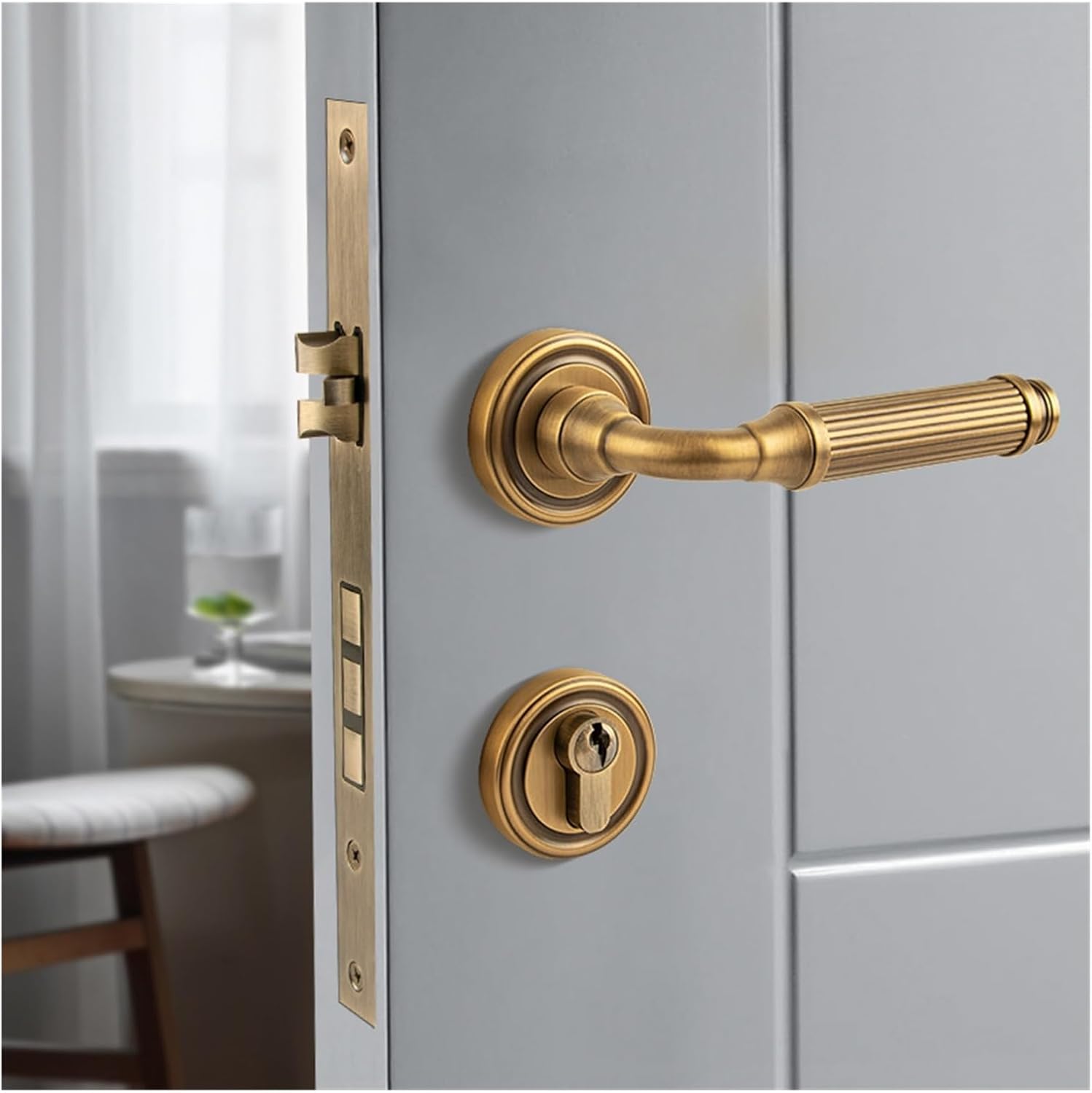 Retro Pure Copper French Door Lock American Bedroom Magnetic Silent Wooden Door Lock Golden Indoor Split Door Handle(French Bronze Magnetic Style)