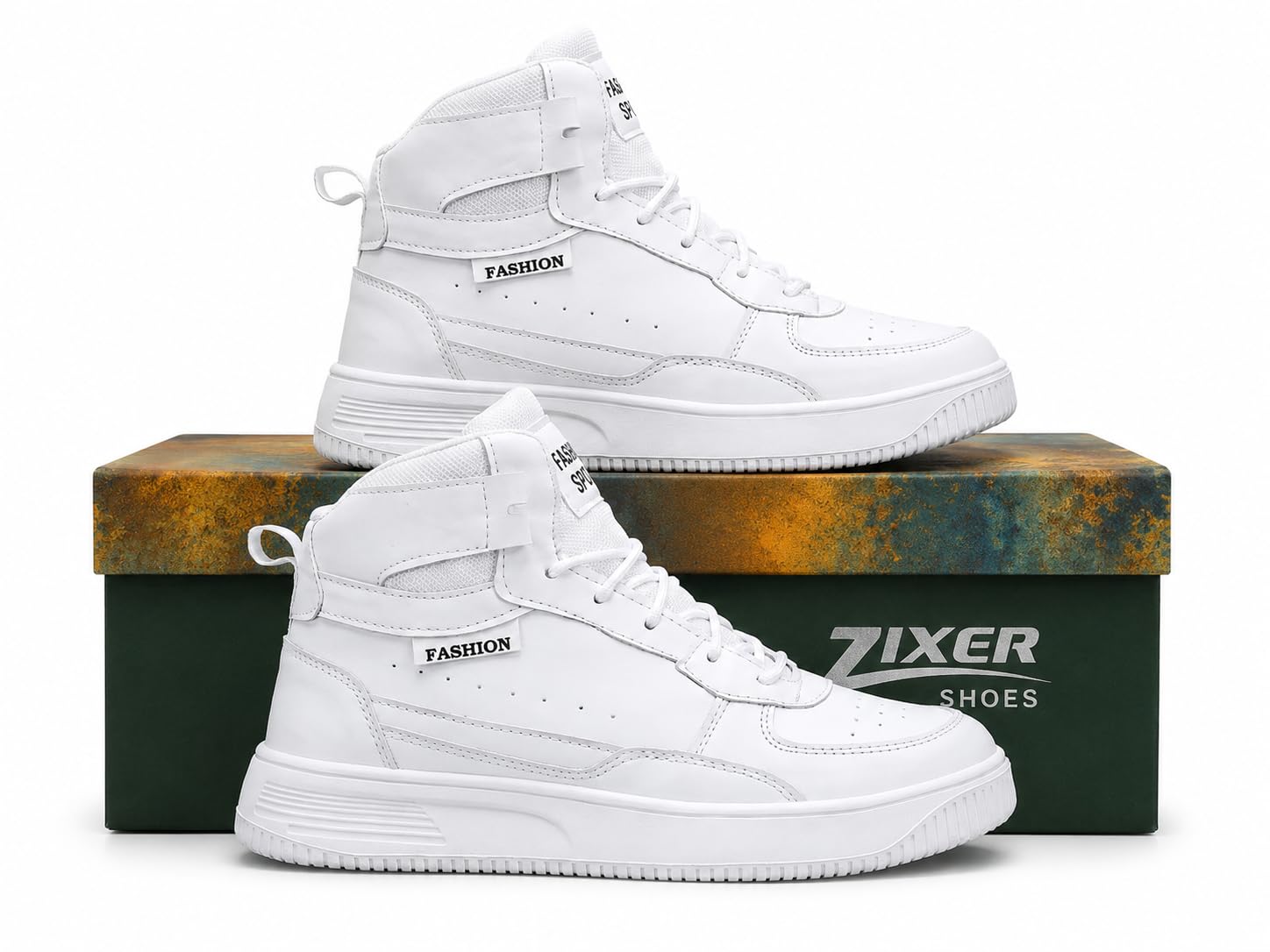 zixer Premium White High-Top Sneakers for Men | Cord Rope Lace Chunky Sole Platform Shoes Comfortable Casual Party Office Sneakers for Men (Black & White)-picture-20