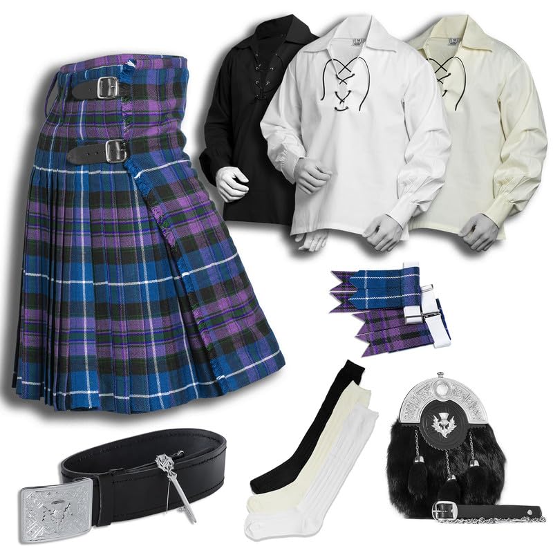 BELGLY Scottish Kilt for Men - 08 Pcs Kilt Accessories for Men, Scottish Outfit, Pride of Scotland 52''