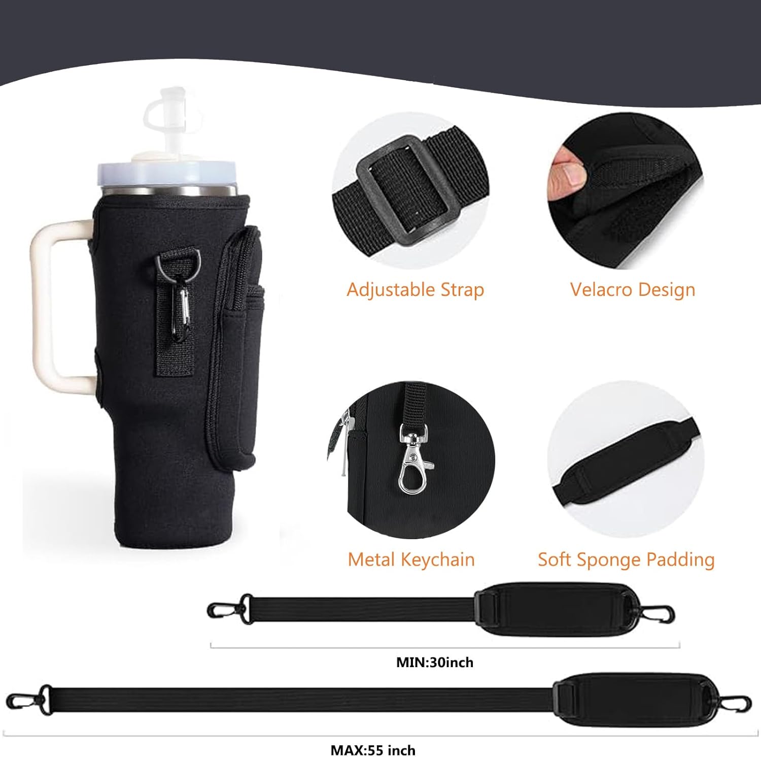 Water Bottle Carrier Bag with Phone Pocket for Stanley, Neoprene Water Bottle Holder Pouch with Adjustable Strap Bollus with Straw Cover & Carabiner for Stanley Cup Accessories - Image 5