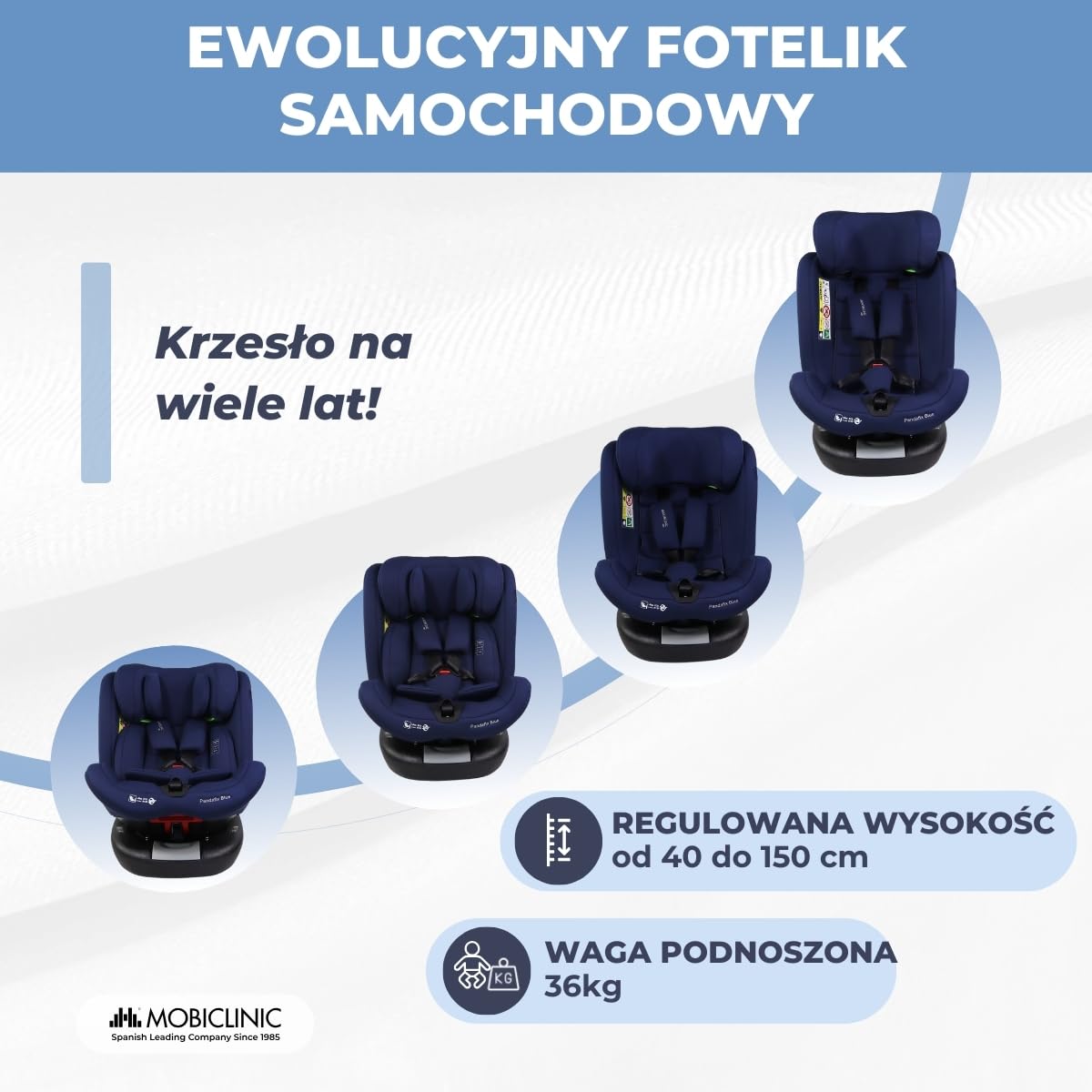 Mobiclinic®, Fotelik samochodowy, Obrót 360º, Regulacja i-size, Top tether, Grupa 0/1/2/3, Max. 36 kg, Podwyższenie dla dzieci, Pandafix, 5-punktowa uprząż, Regulacja, Leżanka 3 pozycje