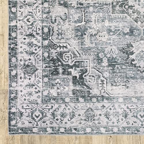 4 x 6 ft. Navy Blue Ivory & Gray Oriental Printed Stain Resistant Non Skid Rectangle Area Rug