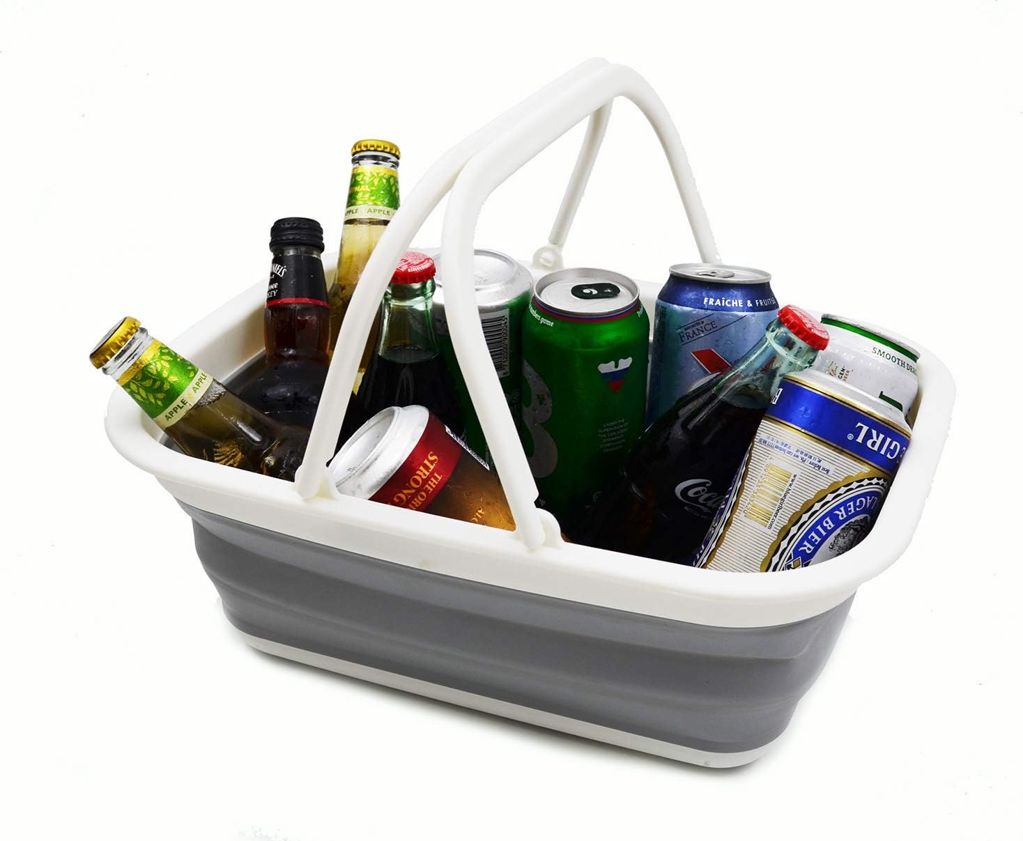 SAMMART 9.2L (2.37Gallon) Collapsible Tub with Handle - Portable Outdoor Picnic Basket/Crater - Foldable Shopping Bag - Space Saving Storage Container (2, White/Grey)