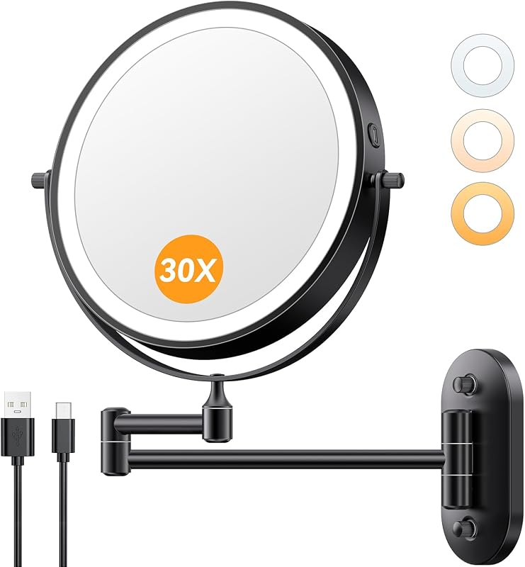 Espelho de Maquiagem Auxmir de Parede com Luz LED, Dupla Face 1X/30X, 20,32 cm, Recarregável