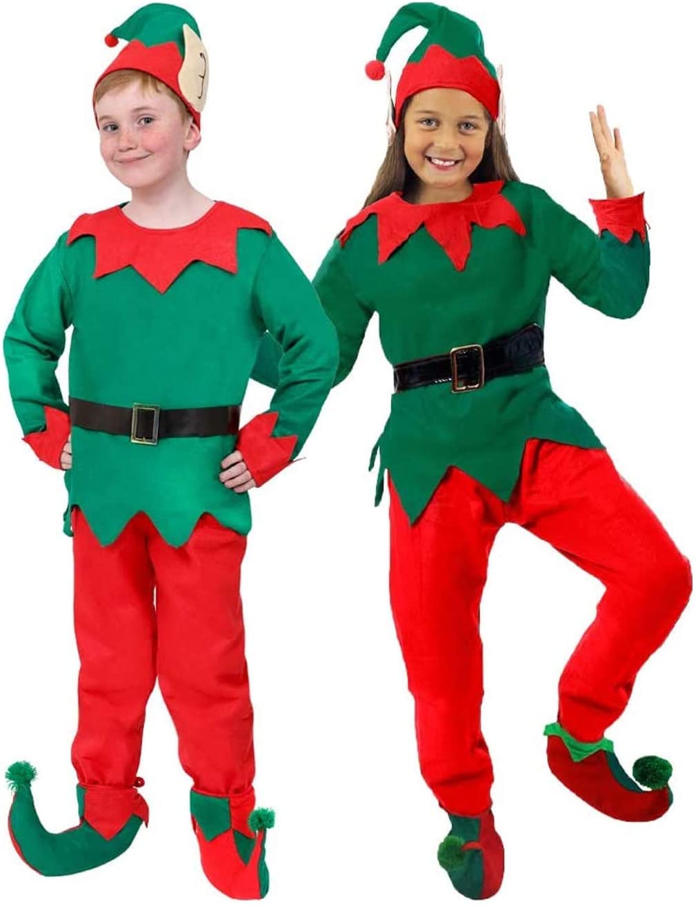 Childrens Unisex Christmas Elf Fancy Dress Costume Boys/Girls Santas  Little Helper Childs Green Red Top, Matching Trousers, Hat, Black Belt