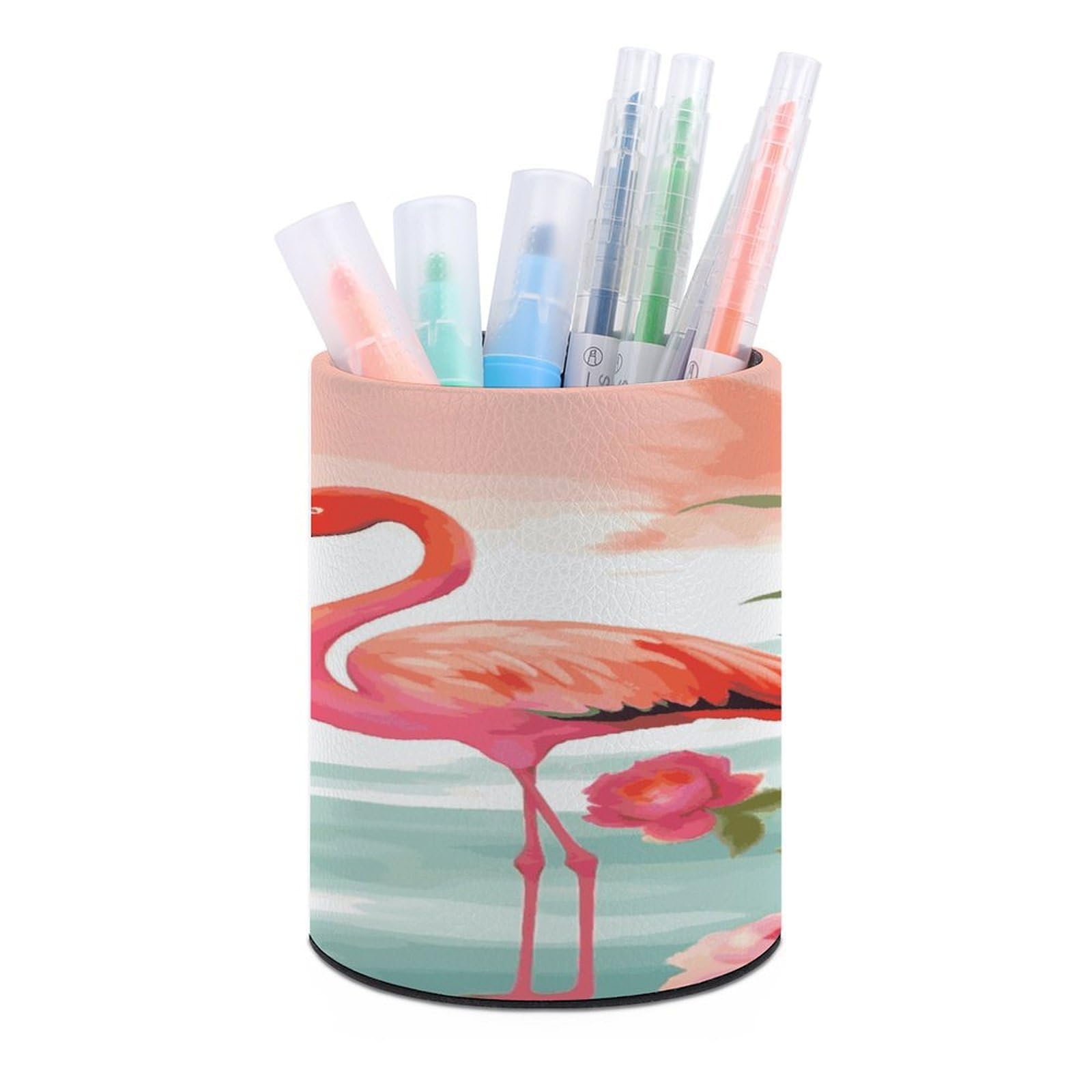 MUSM Two Red Flamingos Pen Holder Round PU Leather Pencil Cup Waterproof Pencil Holder for Desk Pen Cup Pen Organizer Pencil Organizer Makeup Brush Holders for Home Office Decor