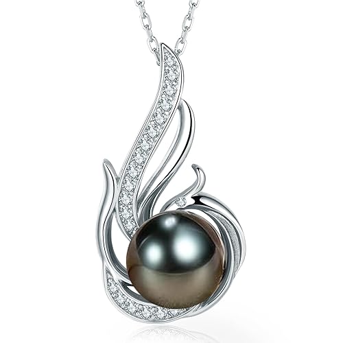 Tahitian Black Pearl Necklaces for Women 10-11mm - Pearl Necklace Phoenix Pendant | with 925 Sterling Silver 18" Chain - Christmas Mothers Day Valentine's Day Gifts For Women Wife Mom Grandma Girlfriend Daughter Her Best Friend Birthday Anniversary Fine Jewelry - Tahitian Black Pearl Necklace