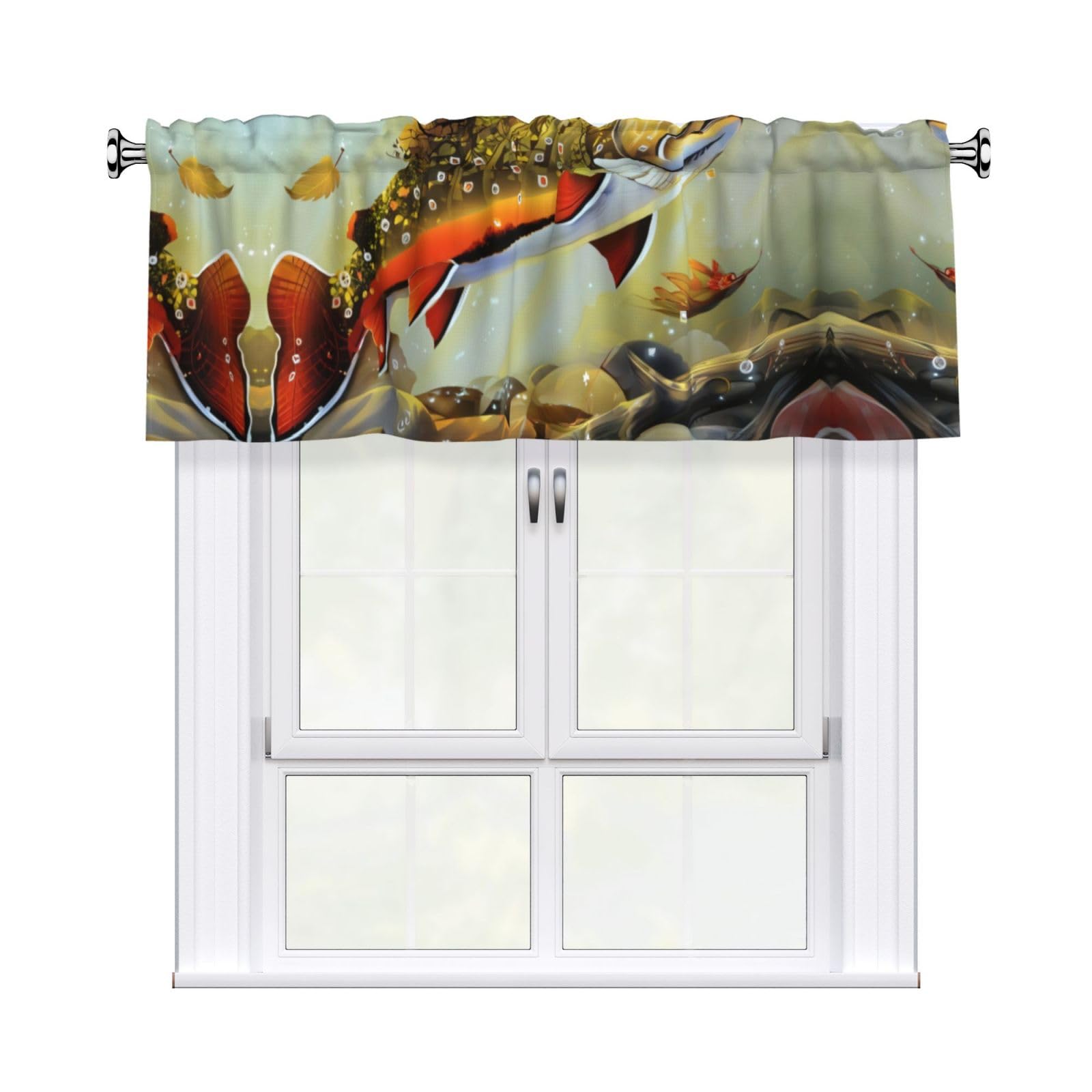 HJFCZH WHJSSF Brook Trout Fly Fishing Prints 54x18in Curtain Valance - Peach Skin Polyester Kitchen Cover with Light Filtering Floral & 3" Rod Pocket