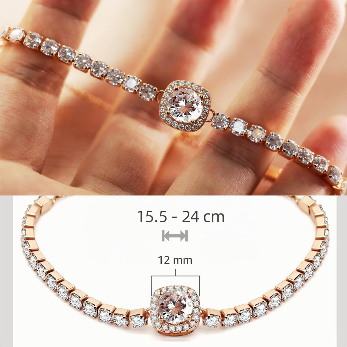 FEIKFEIZ Braccialetto in moissanite a forma di tennis, 2CT 8mm in moissanite coltivato in laboratorio, rivestito in oro rosa 18K, braccialetto d'oro regolabile per donna, regalo di gioielli.