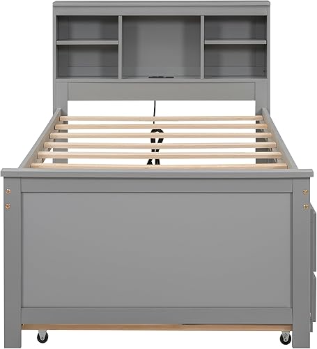 Miniatura 19 de Merax Cama de plataforma de madera tamaño individual con cama nido, no requiere somier, gris Gris,Espresso,Blanco