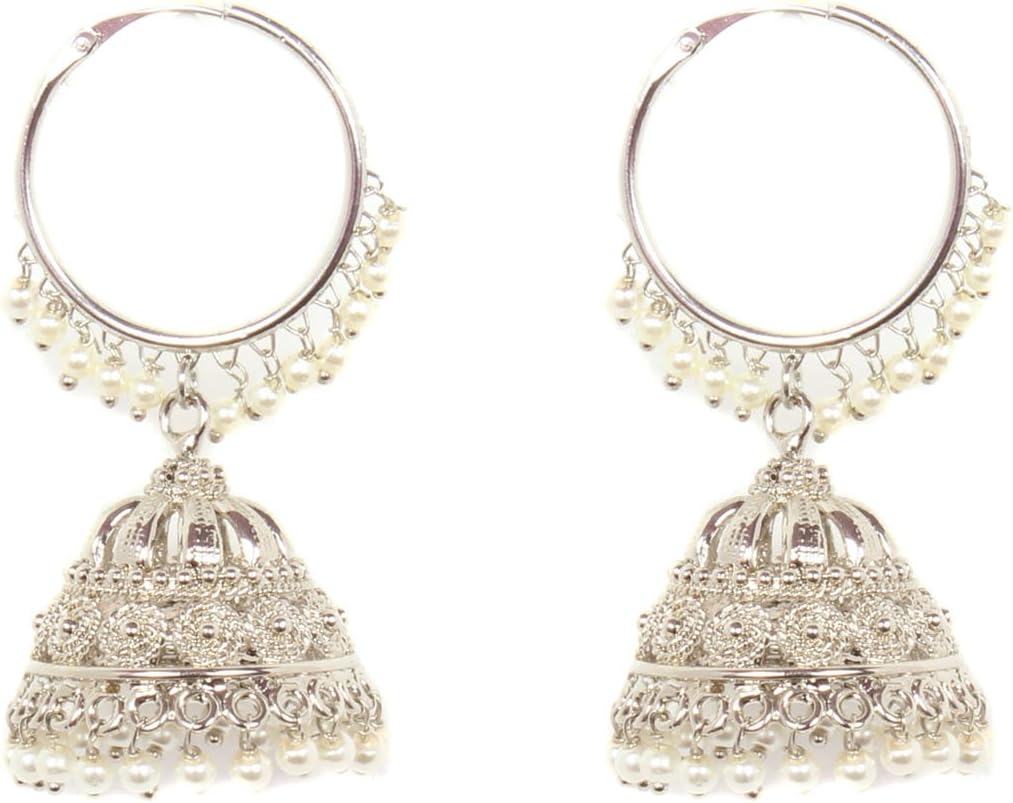 SANARA Indian Bollywood Silver Plated Pearl Made Dangle Drop Jhumka Jhumki Earring Set Women's Fashion Jewelry