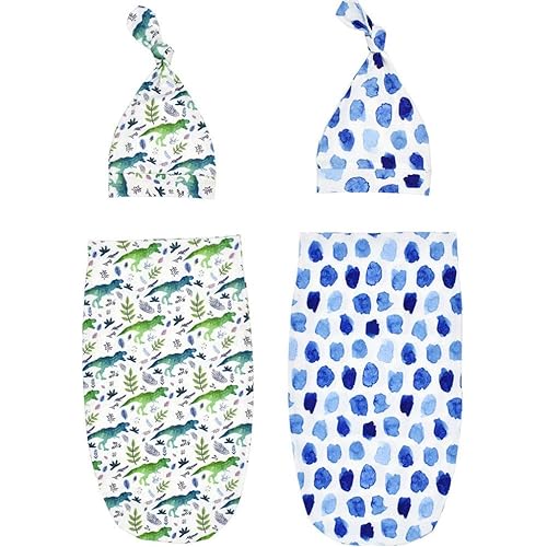 Little Jump 2 Sets Cocoon and Hat Swaddle Set Newborn Swaddle Sack Soft Stretchy Sleeping Sack, Perfect for Newborn Photos for Boys. (Cocoon & Hats (Dinosaur & Speckles))