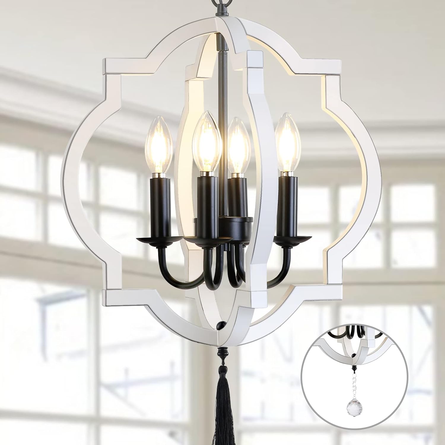 White Farmhouse Chandelier for Dining Room,4 Light White Wood Chandelier Fixture Candlestick Wood Farmhouse Chandelier, Vintage Chandelier for Kitchen Island, Entryway, stairwell - - 