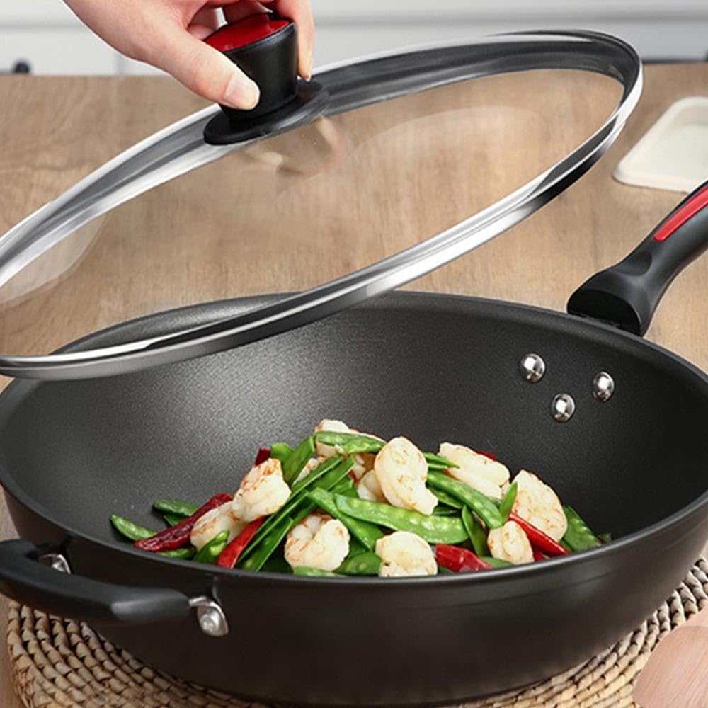 Woks und Pfannen, 13,4 Zoll Antihaft-Bratpfanne, runde Antihaft-Wok-Pfannen aus Gusseisen, Bratpfanne mit Granitsteinbeschichtung, Griff und Holzspatel, für Induktion,