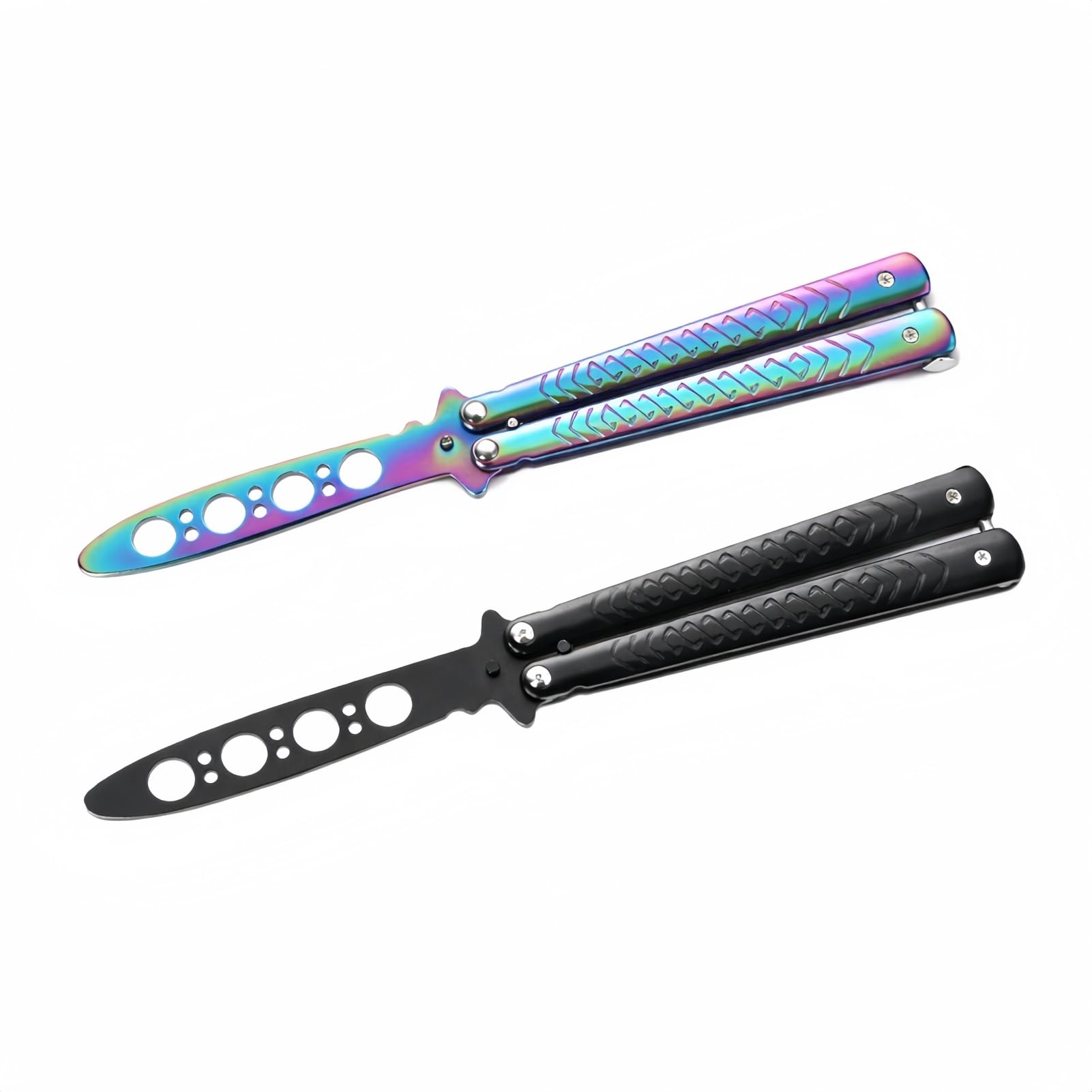 Balisong Trainer Cuchillo Mariposa de Entrenamiento, Acero Inoxidable, Hoja Roma sin Filo, Seguro (Negro+Color)