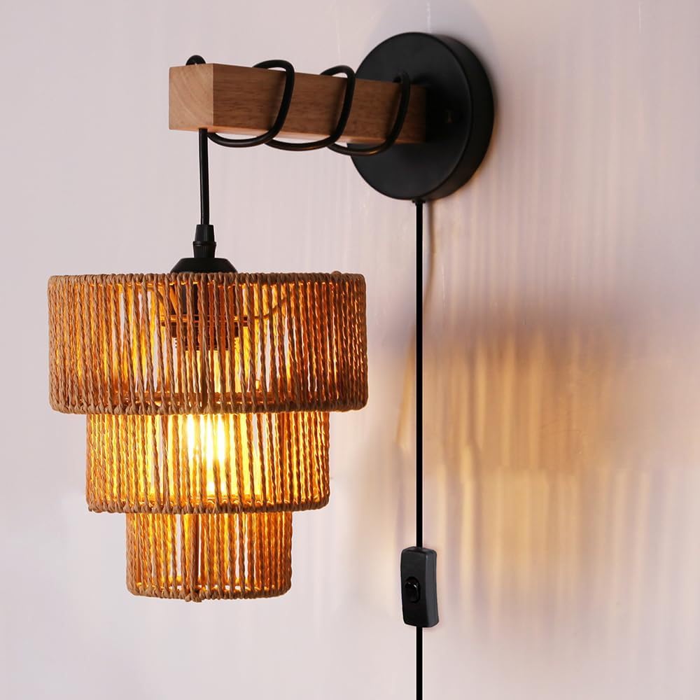Drewniana lampa ścienna w stylu retro, industrialna, vintage, z włącznikiem, oświetlenie wewnętrzne w stylu boho, z wtyczką i kablem, lampka nocna do sypialni, salonu, korytarza, tawerny