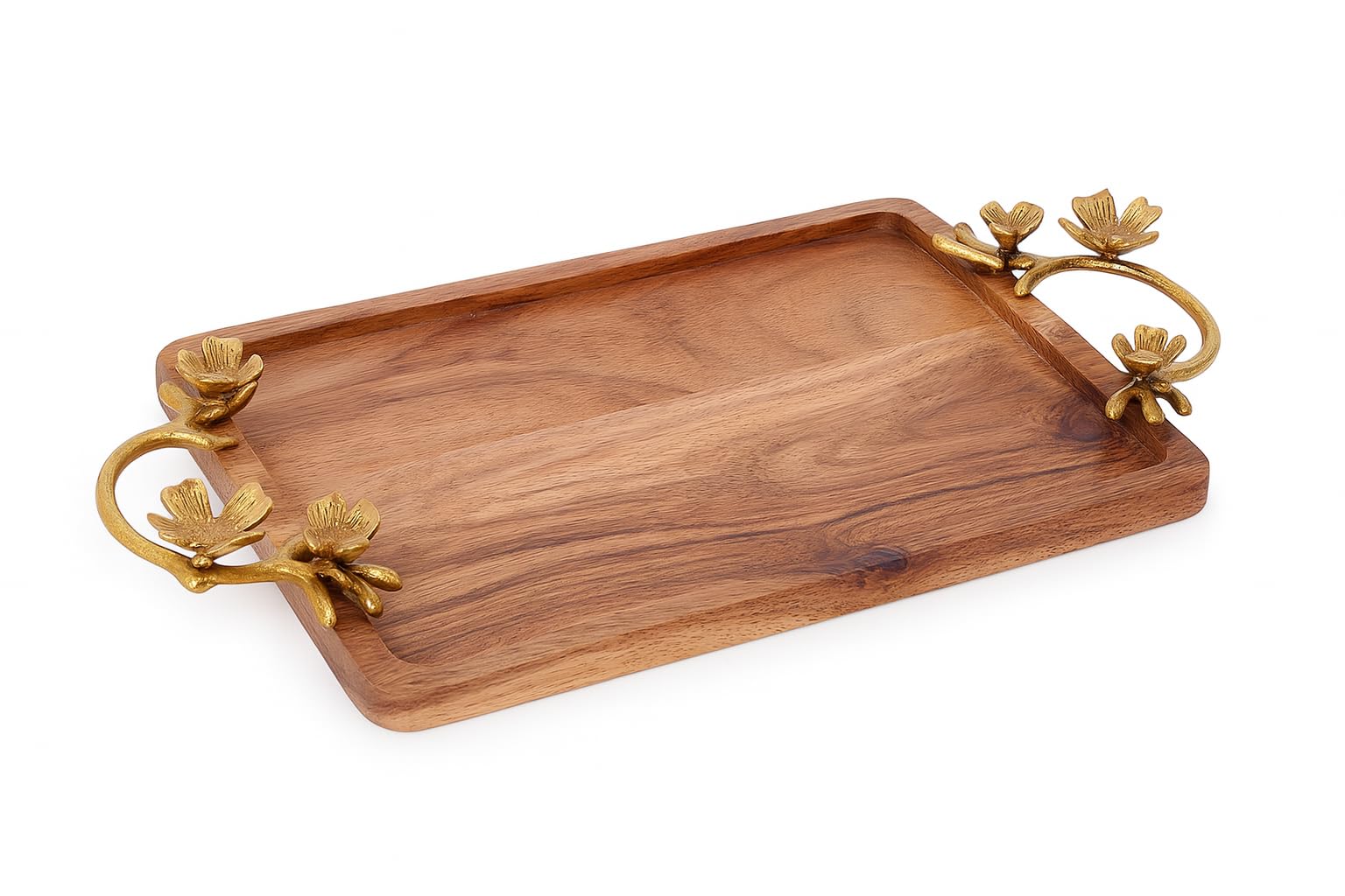 Assorted Collections Wooden Trays With Cast Iron Handles - Rectangle Tray With Gold Handle Breakfast Serving Tray Coffee Table Decor Snack Versatile For Meal Service, Home Decor (Small)