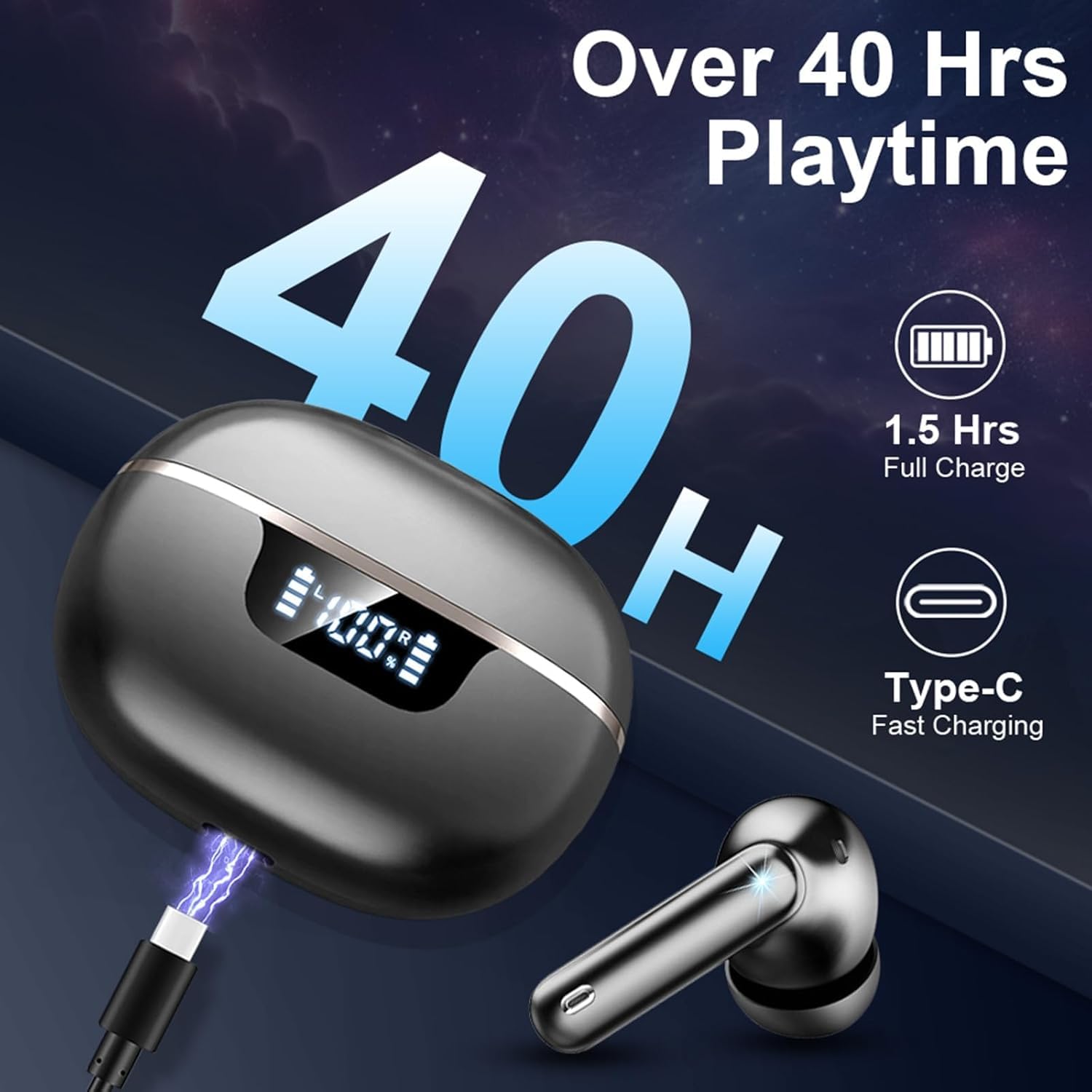Cuffie Bluetooth, Auricolari Bluetooth 5.4, 48 Ore Cuffie Wireless in ear Stereo HiFi, Cuffiette con ENC Cancellazione Rumore Mic, IP7 Impermeabili Cuffie Senza Fili per iOS/Android, LED Display USB-C