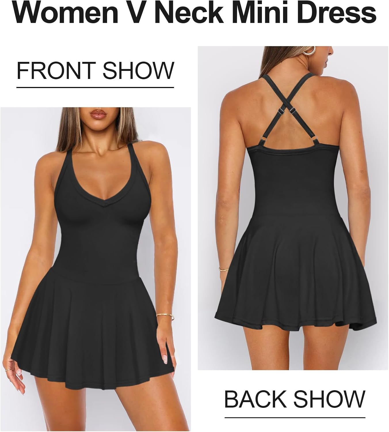 Women's Sexy V Neck Pleated Flowy Tennis Dress for Women Athletic Golf Workout Summer Mini Dresses with Shorts Pockets - Image 3