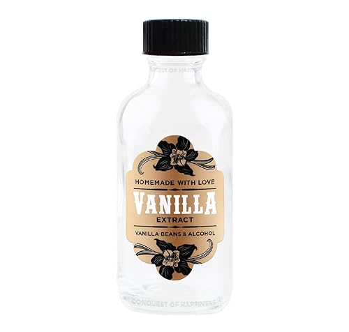 Homemade Vanilla Extract Labels with 2 oz Bottles - Vanilla Beans & Alcohol - Handmade by Conquest of Happiness Pack of 12