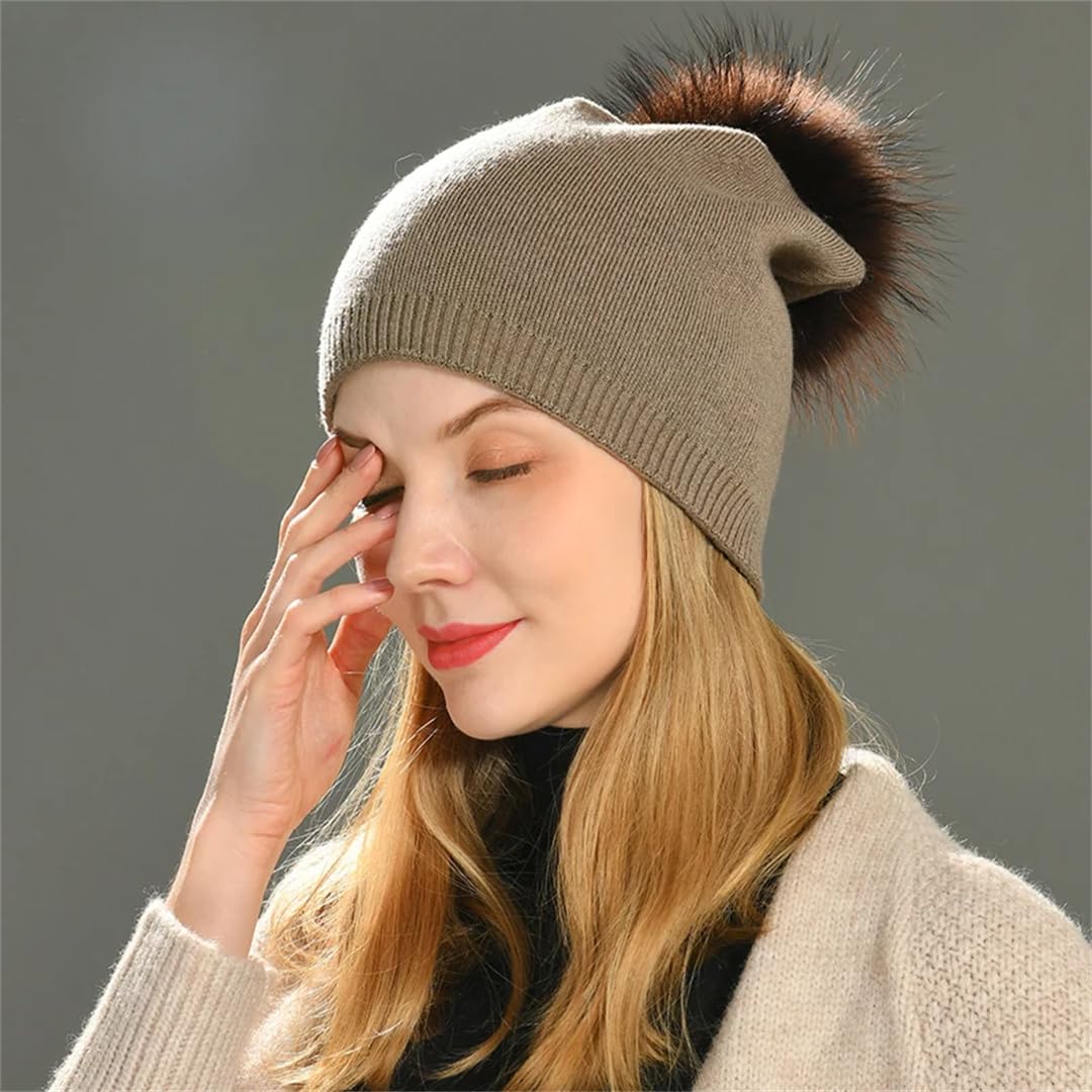 Gorros De Cachemira Para Mujer, Gorro De Punto Liso Con Pompón De Piel Grande, Gorros De Lana Cálidos Para Invierno