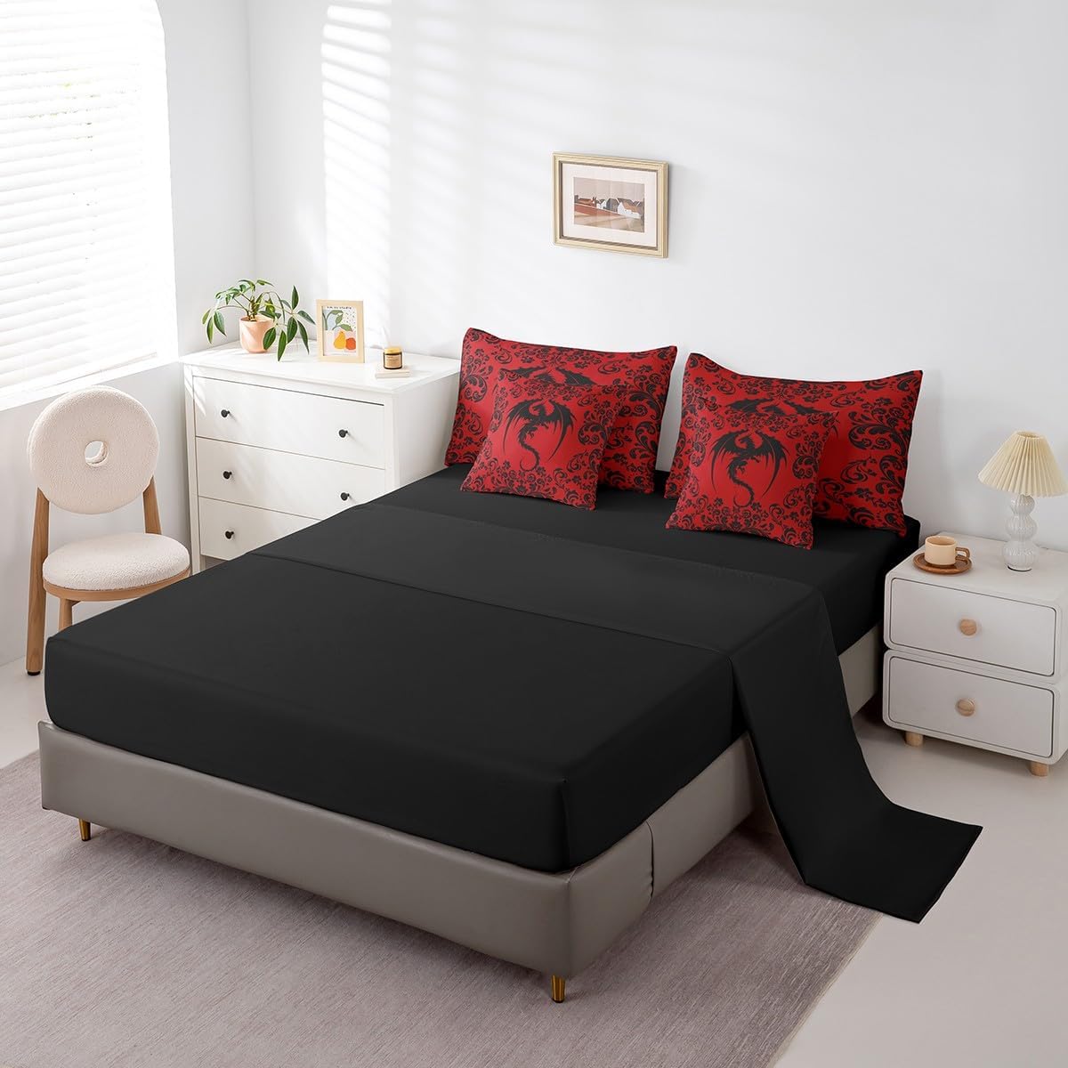 Erosebridal Gothic Dragon King Comforter Set 7 Piece Goth Red Black Damask Bedding for Kids Boys Men Bohemian Exotic Floral Animal Bed in A Bag Victorian Baroque Dragon Sheet Set with Comforter