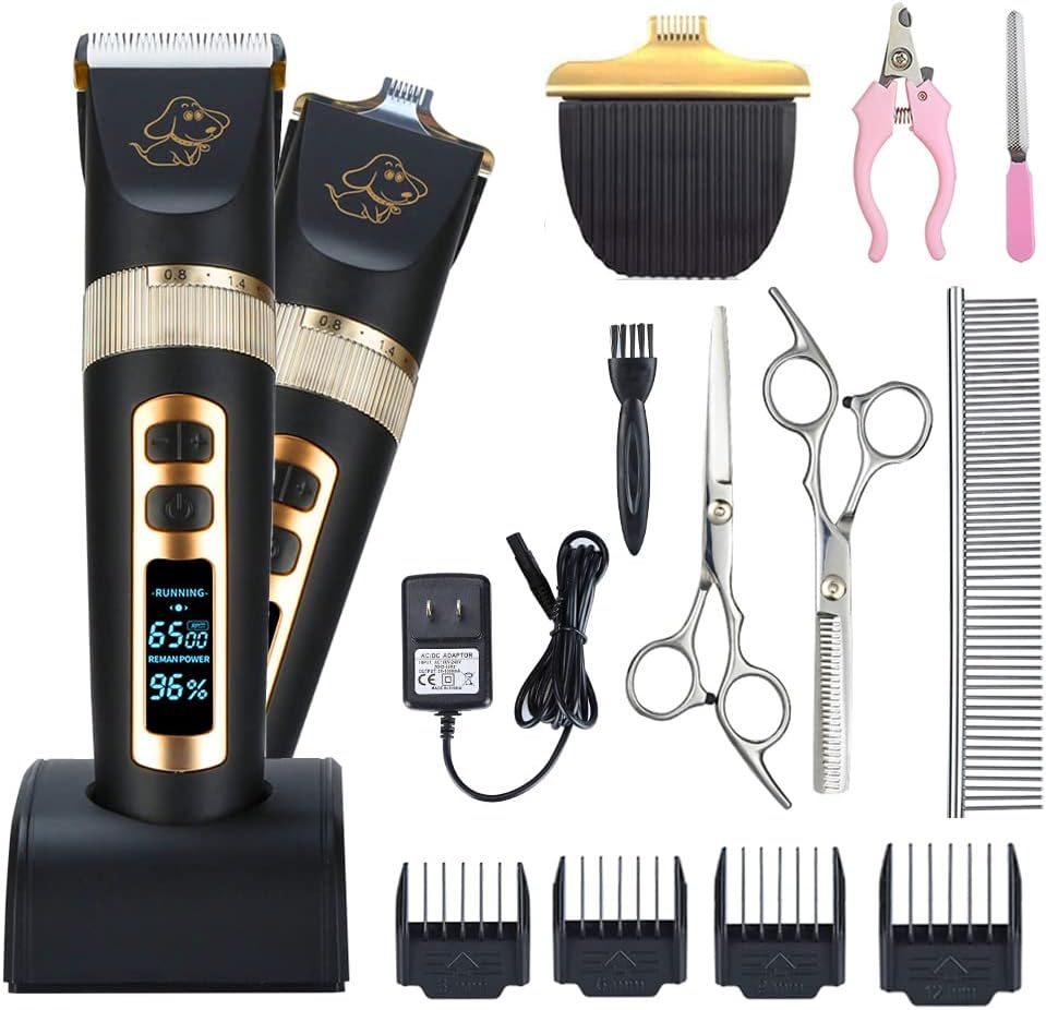 OtstarProfessional Dog Grooming kit, 3 Speed Rechargeable Cordless Dog Clippers Low Noise Low Vibration, LED Screen Indicate Power/Lubricating/Cleaning