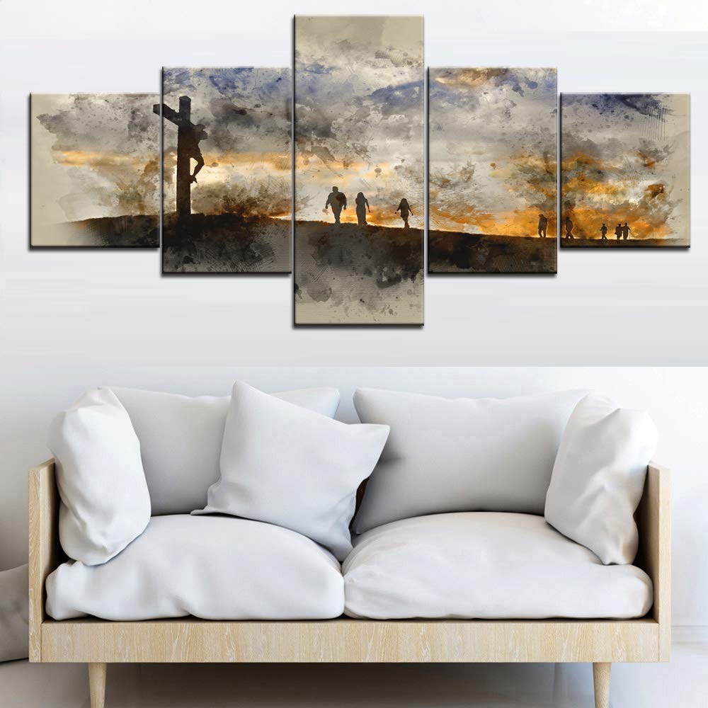 Artwork for Walls Canvas 5 Piece Wall Art Jesus Christ Crucifixion on Cross Pictures Paintings Modern Artwork Painting Home Decor for Living RoomFramed Ready to Hang Posters and Prints(50''Wx24''H)