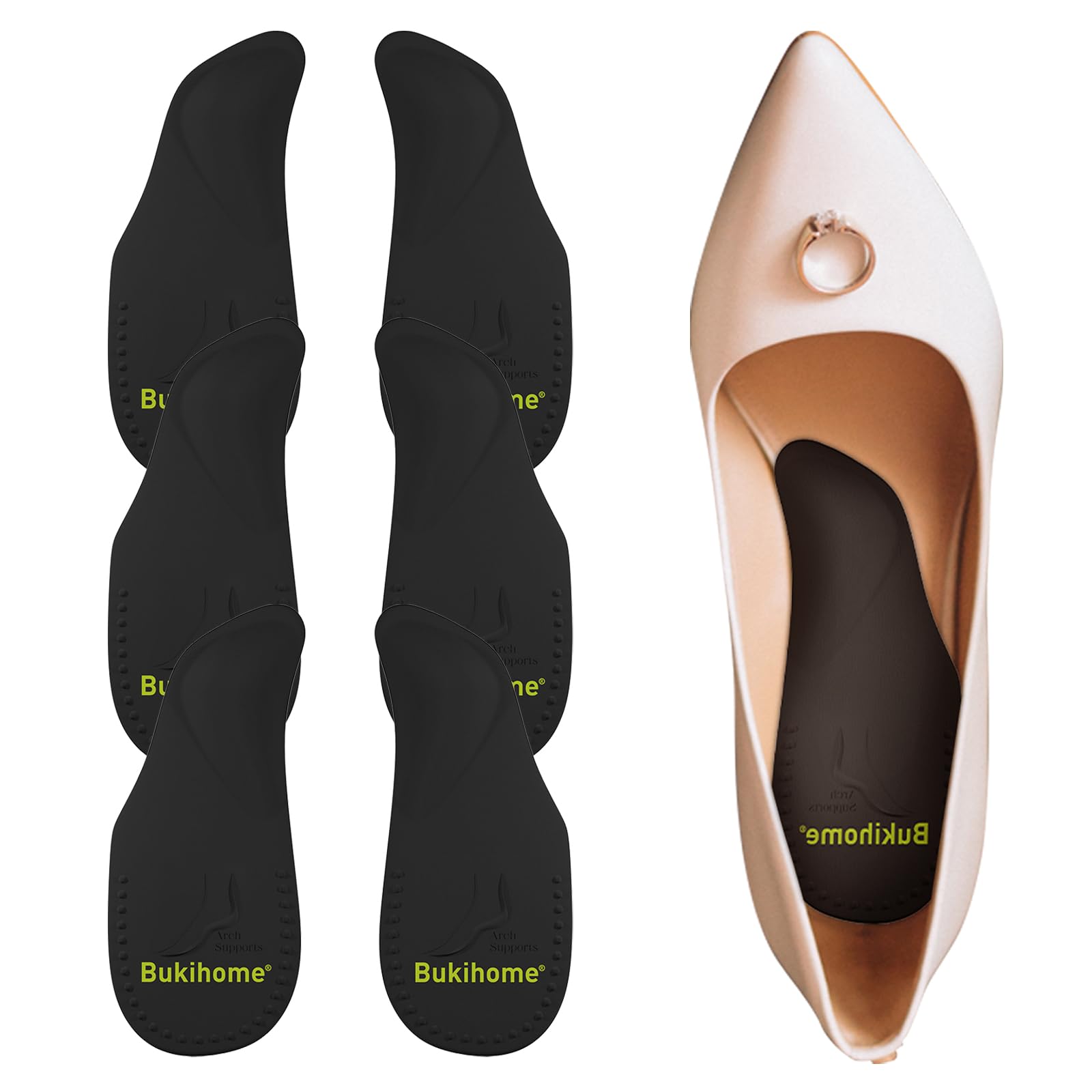 Bukihome 3 Paia Solette Ortopediche per Supporto Arco, Solette per Fascite Plantare, Plantare per Piede Piatto per Uomini e Donne, per Tacchi, Sandali, Scarpe Sportive (S, Nero)