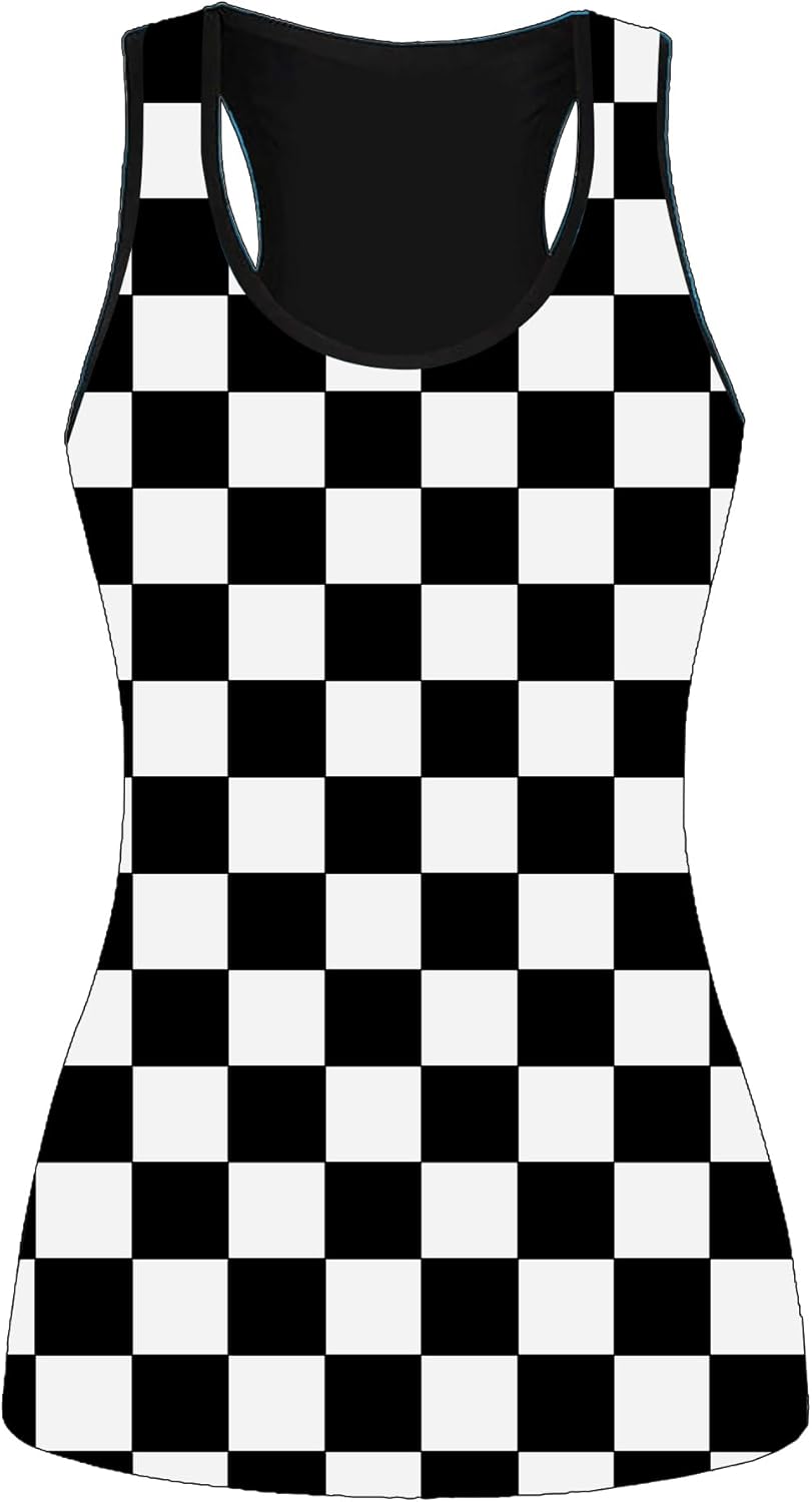 AZPSRT レディース チェッカーボード タンクトップ カジュアル ファッション ノースリーブ 黒と白の格子縞シャツ