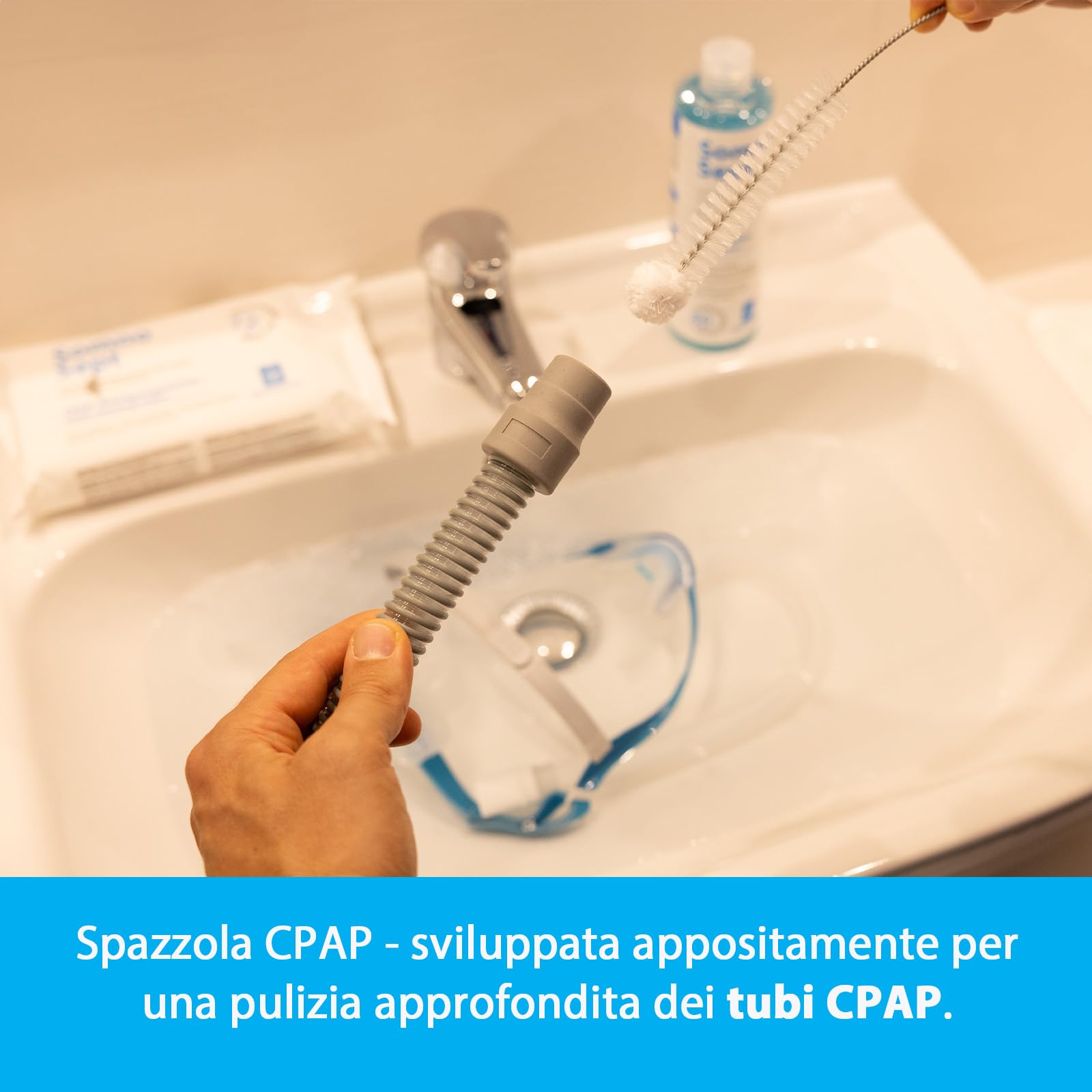 Pacchetto di pulizia CPAP – 3 x detergente CPAP SomnoSept 400 ml e 1 x spazzola per tubi oxyhero CPAP da 120 cm, 15 mm – pulizia accurata della maschera CPAP e del tubo CPAP