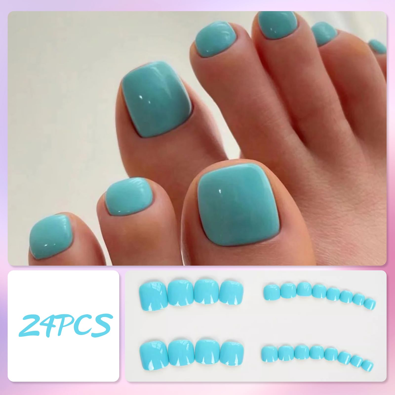 24Pcs Press on Toenails Short Square, Lake Blue French Tip False Toenails - Image 2