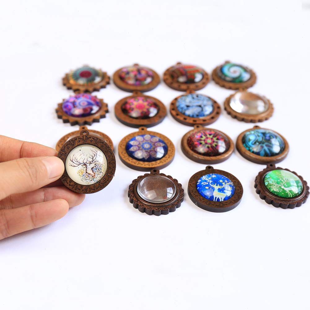 DAHI Bezel Pendant Trays Round Wooden and Glass Cabochon Round Clear Dome, Pendants with Glass Cabochons - Image 4