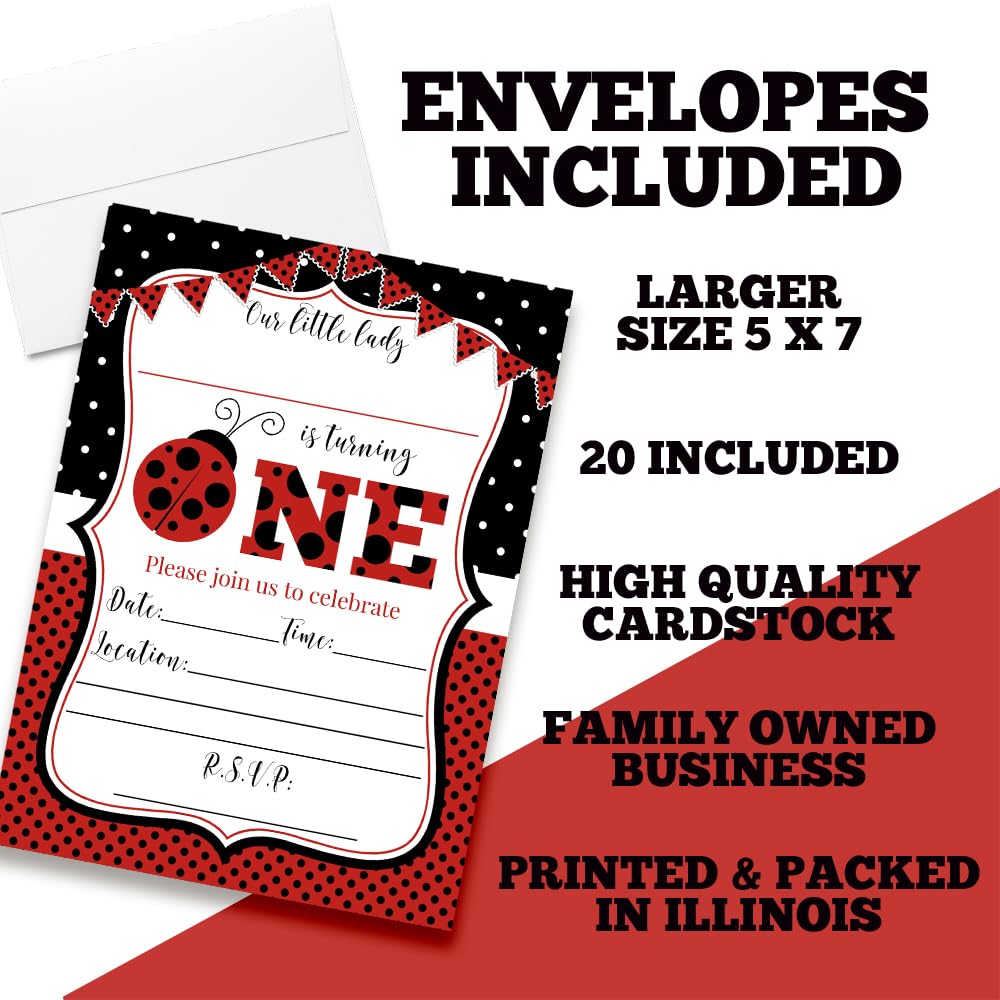Red Ladybug First Birthday Party Invitations for Girls, 20 5x7 Fill In Cards with Twenty White Envelopes by AmandaCreation
