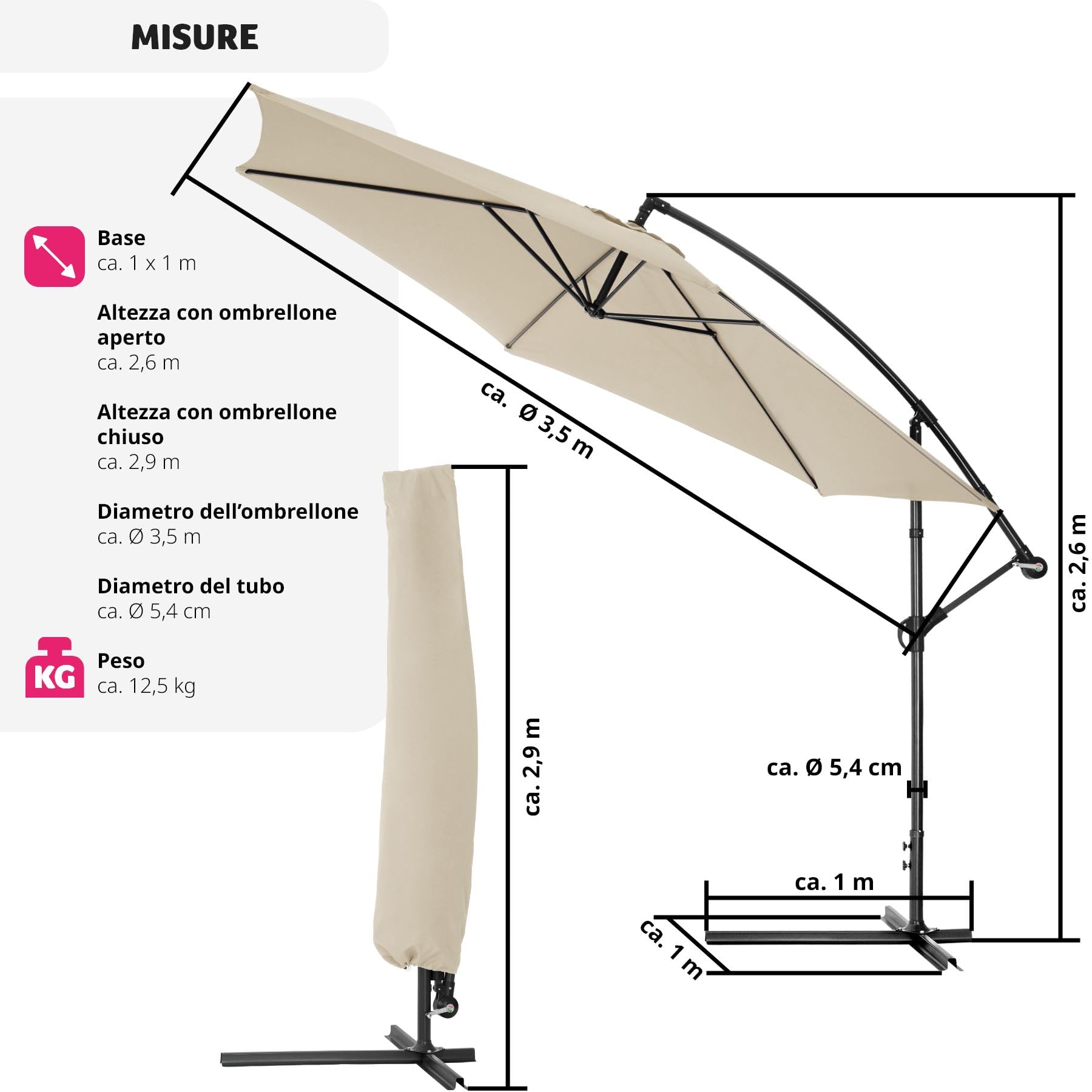 tectake® Ombrellone da Esterno con Robusta Struttura di Sostegno, Inclinabile, Idrorepellente, Resistente ai Raggi UV, Custodia Ombrellone da Giardino Inclusa