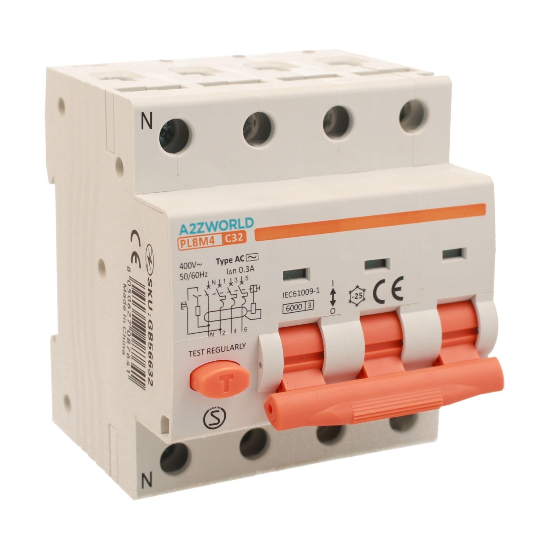 Interruttore Magnetotermico Differenziale Trifase 300mA 32A C32, RCBO Tipo AC Curva C 0,3A, 3P+N 6kA 400V, Occupa 4 Moduli DIN